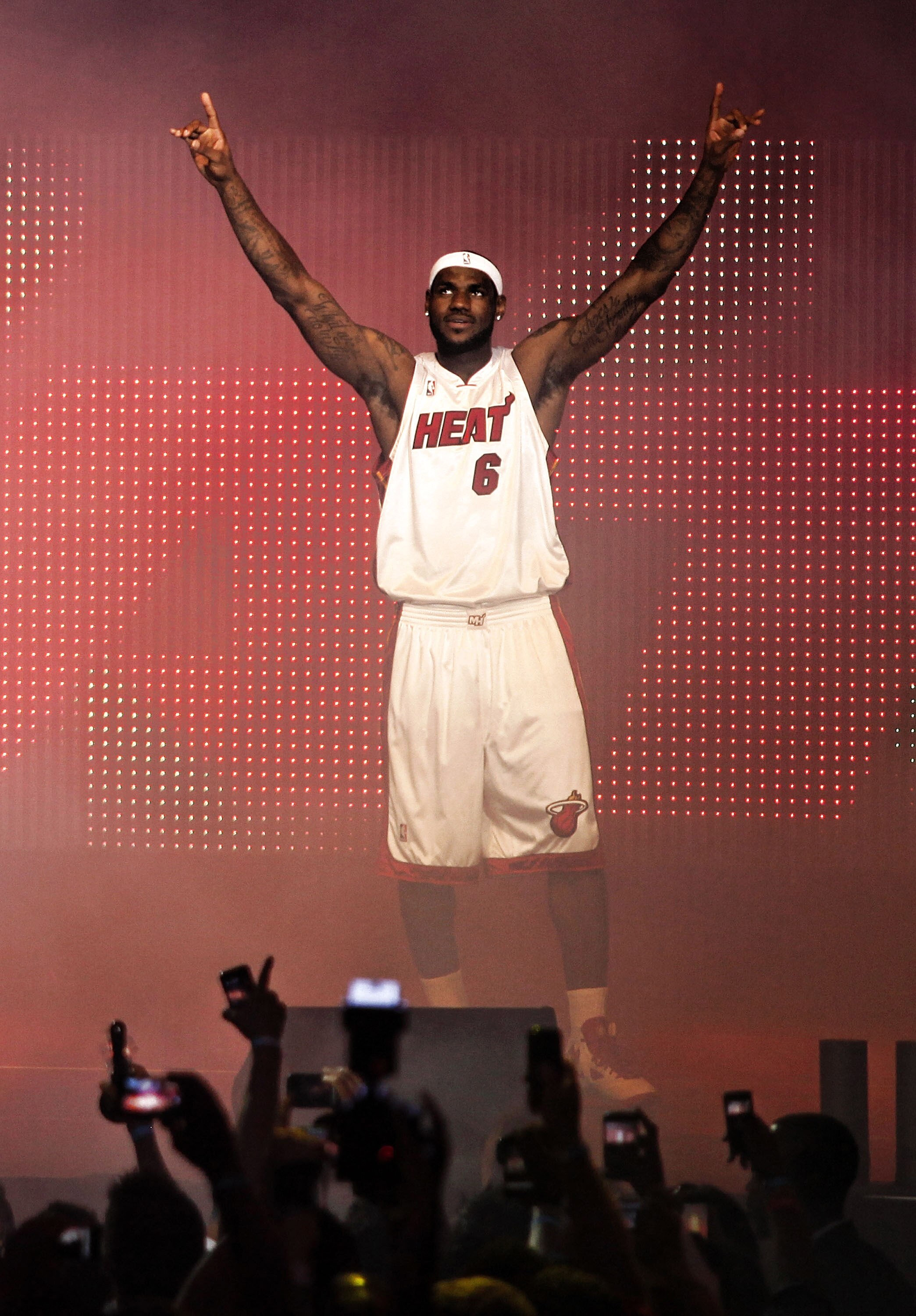 MIAMI - JULY 09:  LeBron James #6 of the Miami Heat is introduced during a welcome party at American Airlines Arena on July 9, 2010 in Miami, Florida.  (Photo by Marc Serota/Getty Images)