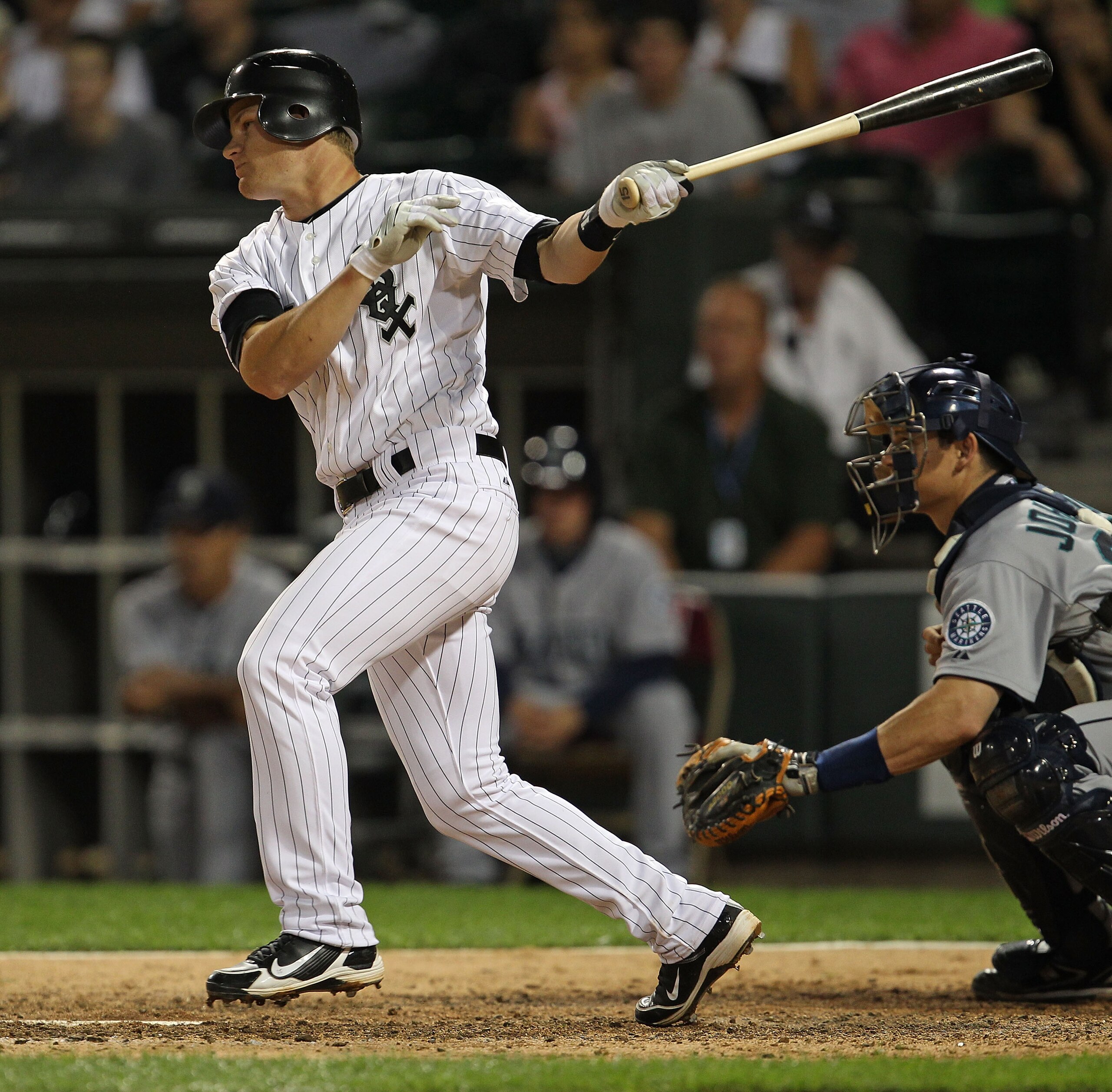 CHICAGO - JULY 26: Gordon Beckham #15 of the Chicago White Sox takes a swing against the Seattle Mariners at U.S. Cellular Field on July 26, 2010 in Chicago, Illinois. The White Sox defeated the Mariners 6-1. (Photo by Jonathan Daniel/Getty Images)