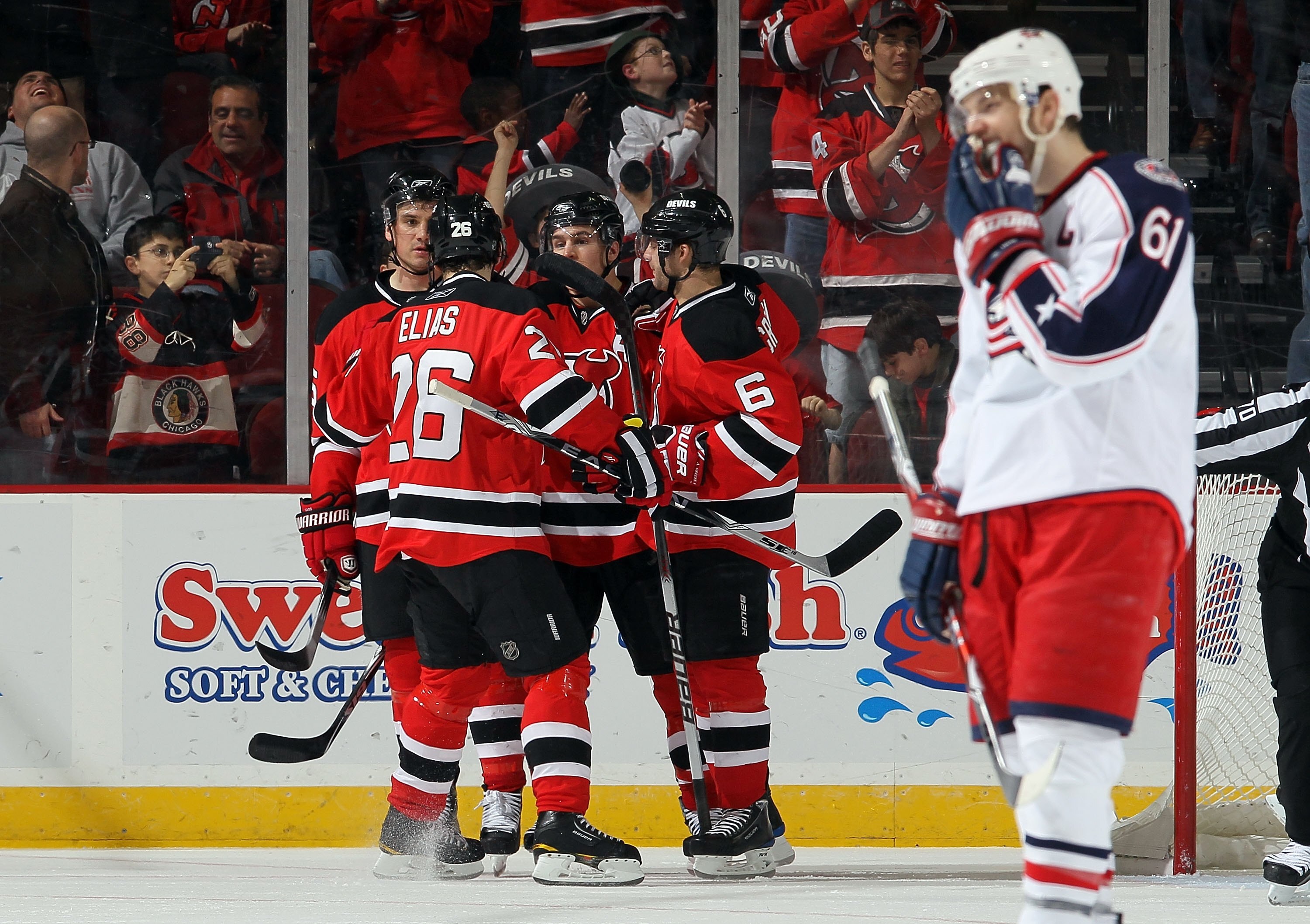 NEWARK, NJ - MARCH 23:  The New Jersey Devils celebrate against the Columbus Blue Jackets at the Prudential Center on March 23, 2010 in Newark, New Jersey. The Devils defeated the Blue Jackets 6-3.  (Photo by Jim McIsaac/Getty Images)