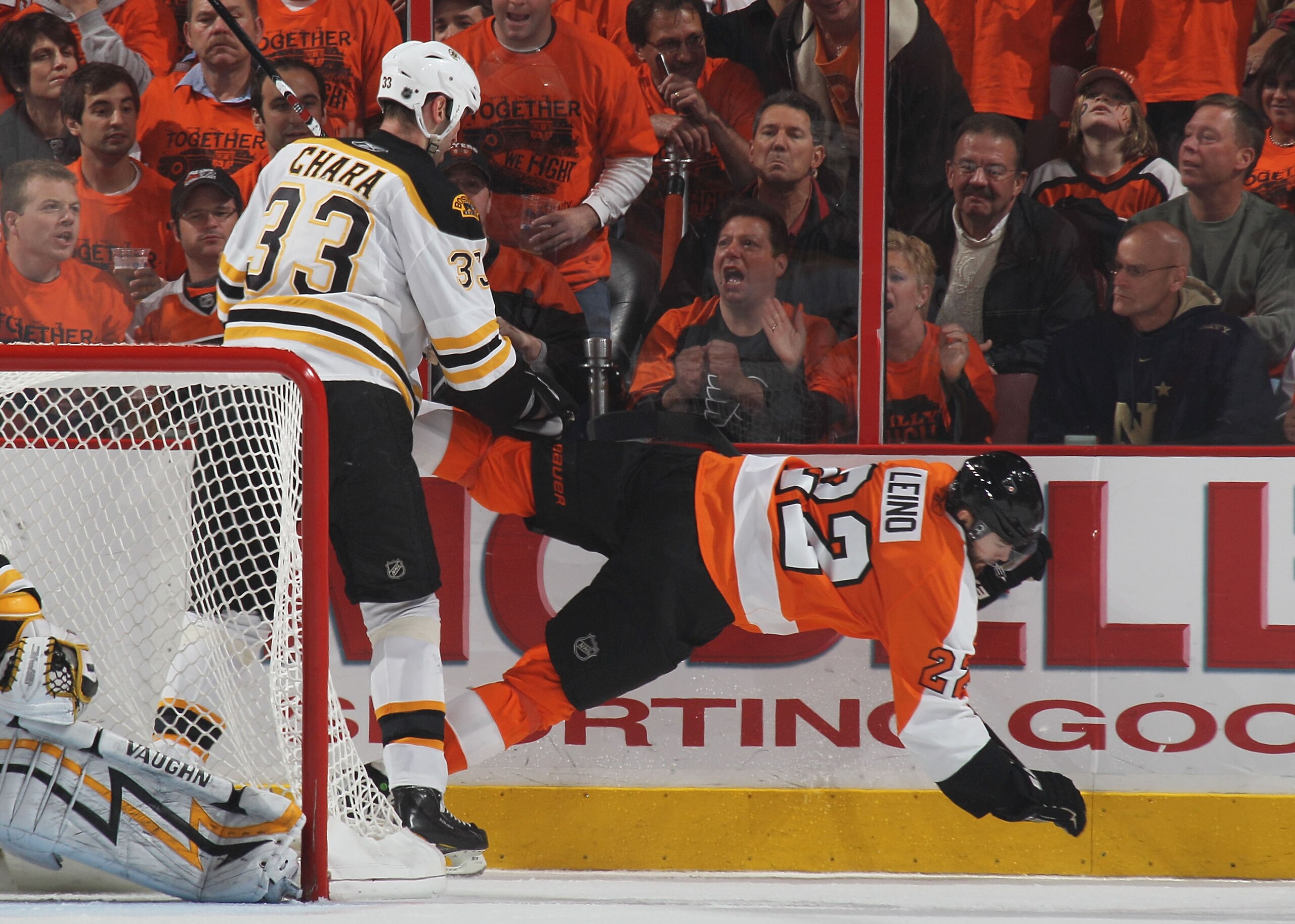 PHILADELPHIA - MAY 12: Zdeno Chara #33 of the Boston Bruins hits Ville Leino #22 of the Philadelphia Flyers in Game Six of the Eastern Conference Semifinals during the 2010 NHL Stanley Cup Finals at the Wachovia Center on May 12, 2010 in Philadelphia, Pen