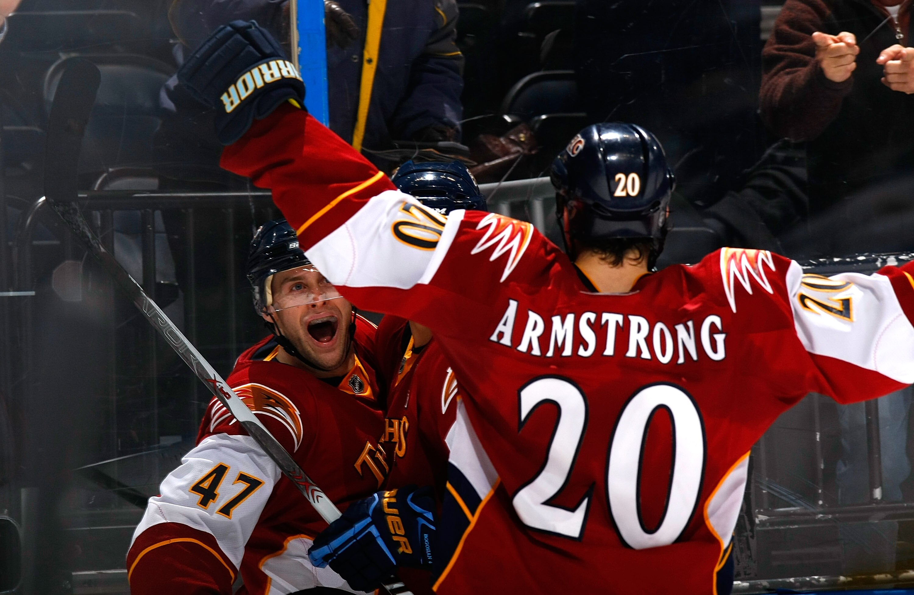 ATLANTA - DECEMBER 17:  Rich Peverley #47 of the Atlanta Thrashers celebrates his goal against the Dallas Stars with Colby Armstrong #20 at Philips Arena on December 17, 2009 in Atlanta, Georgia.  (Photo by Kevin C. Cox/Getty Images)