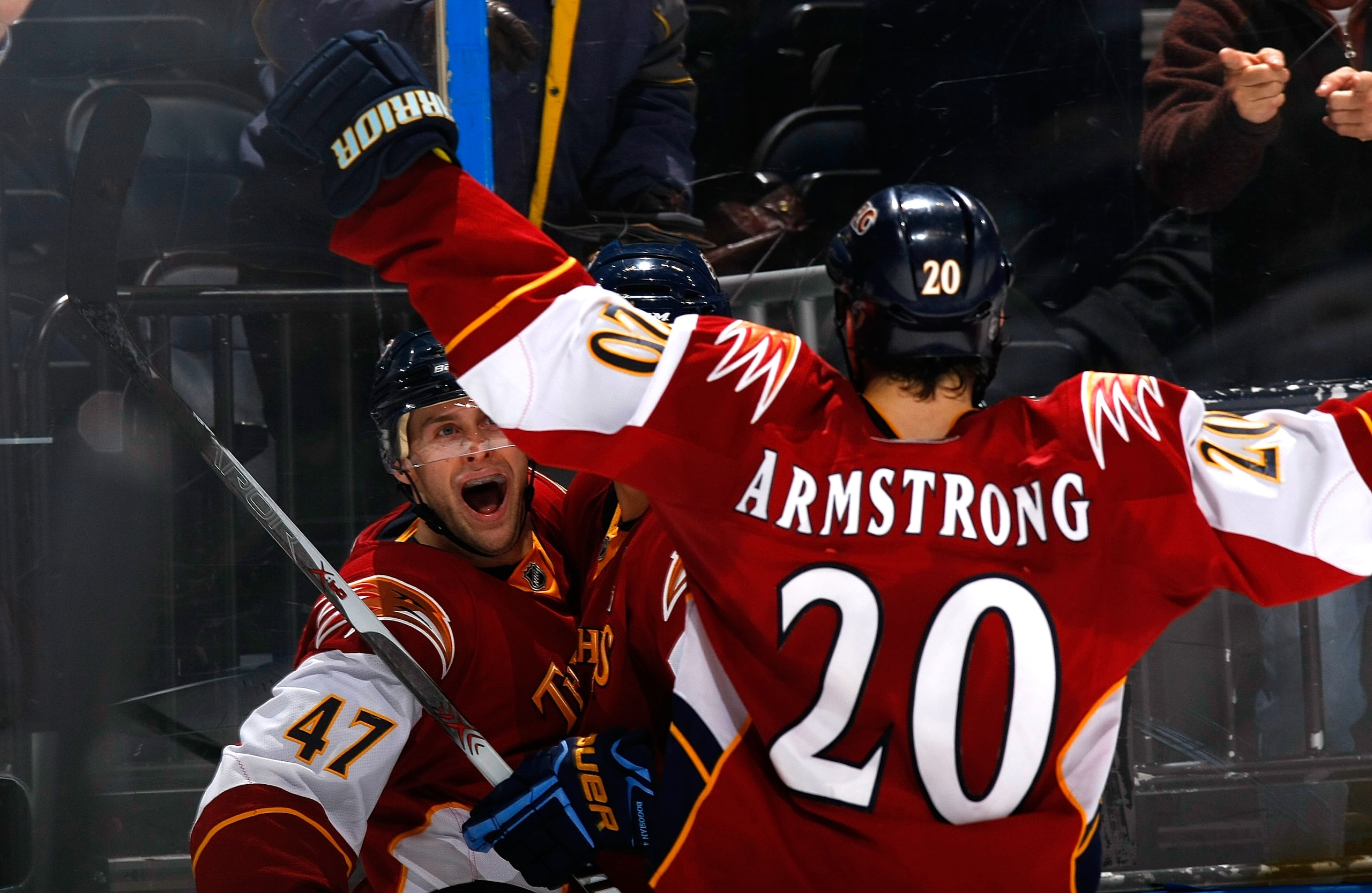 ATLANTA - DECEMBER 17:  Rich Peverley #47 of the Atlanta Thrashers celebrates his goal against the Dallas Stars with Colby Armstrong #20 at Philips Arena on December 17, 2009 in Atlanta, Georgia.  (Photo by Kevin C. Cox/Getty Images)