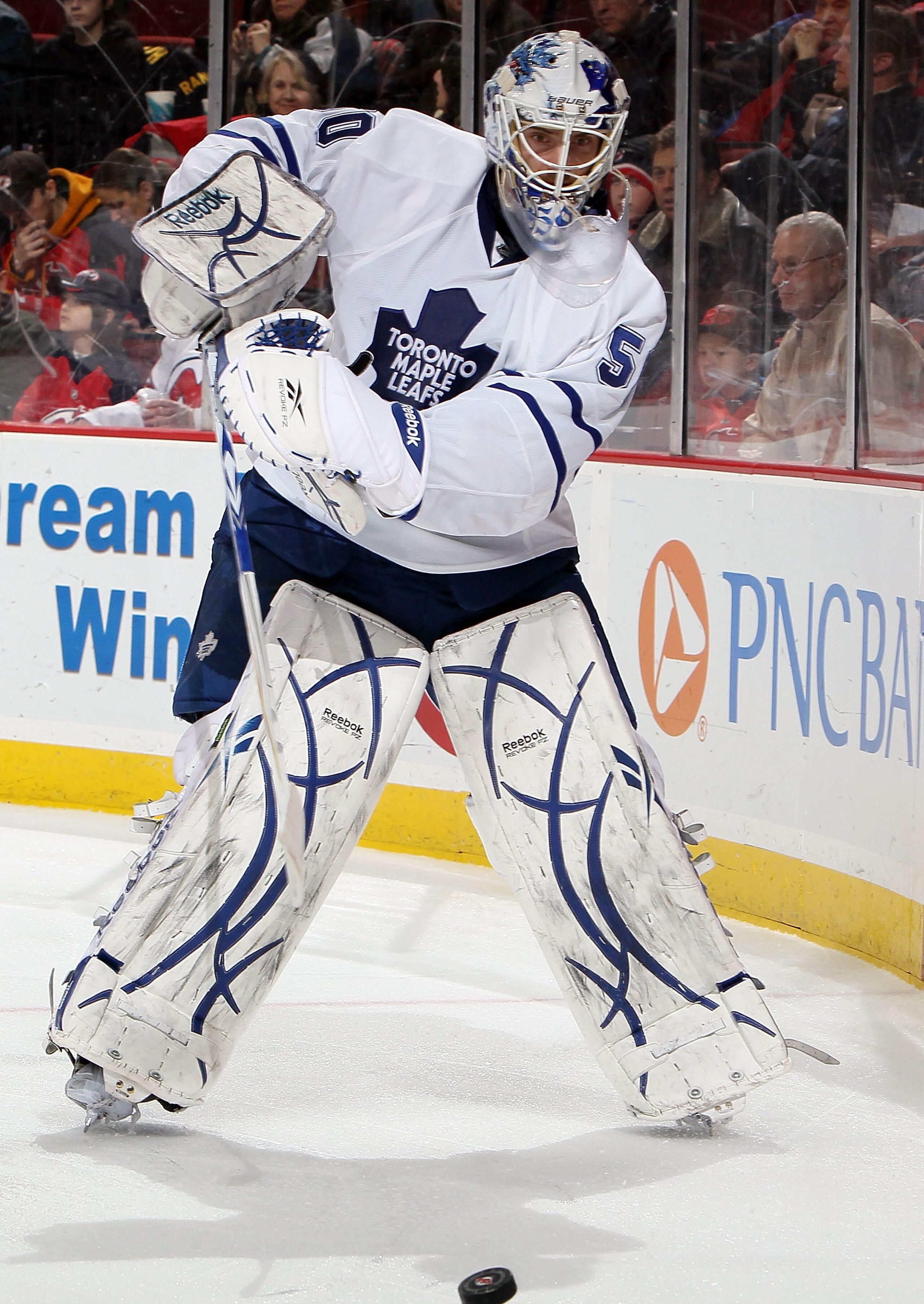 NEWARK, NJ - FEBRUARY 05:  Jonas Gustavsson #50 of the Toronto Maple Leafs defends against the New Jersey Devils at the Prudential Center on February 5, 2010 in Newark, New Jersey. The Devils defeated the Leafs 4-3.  (Photo by Jim McIsaac/Getty Images)
