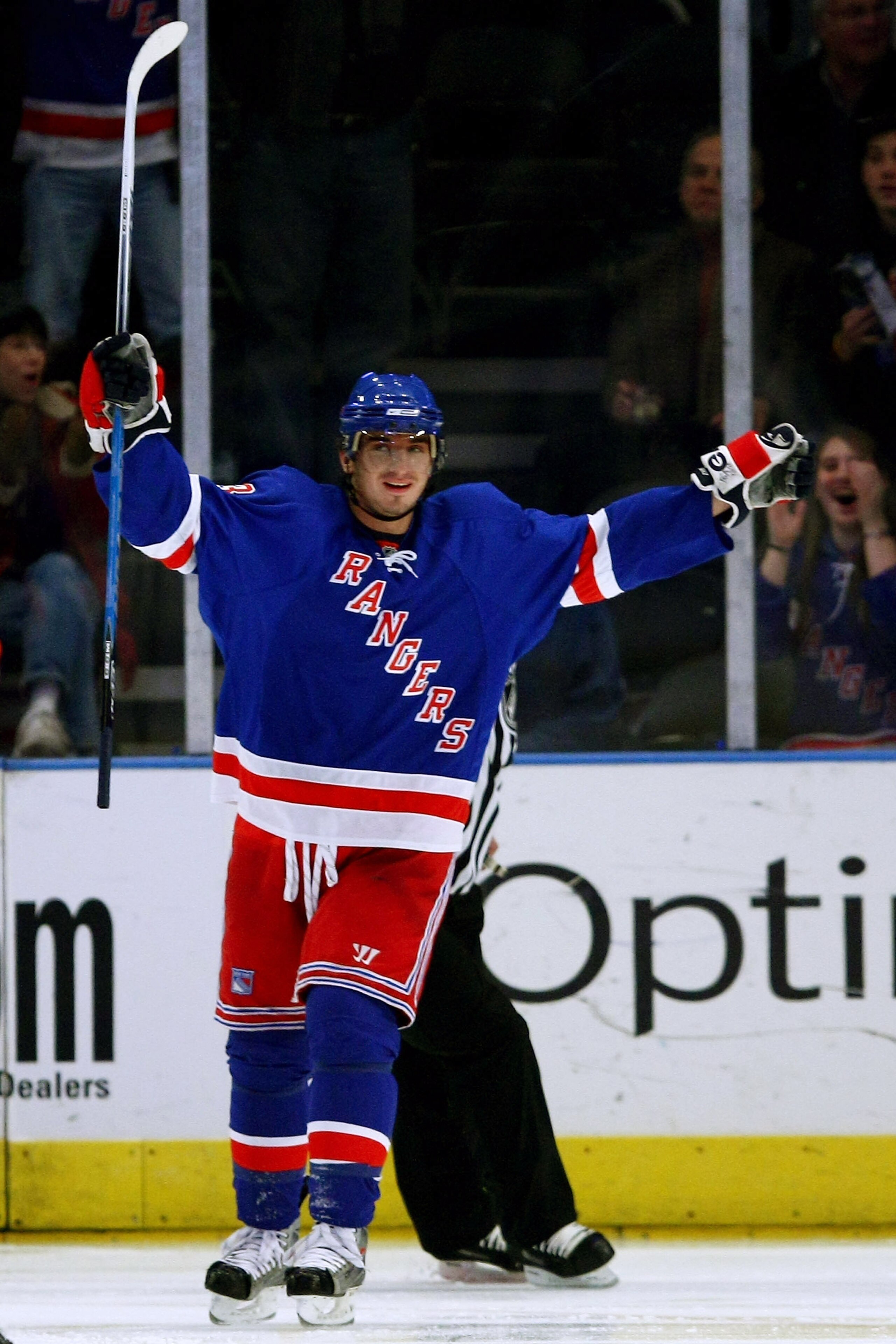 NEW YORK - FEBRUARY 28: Nikolai Zherdev #13 of the New York Rangers celebrates after scoring a goal against the Colarado Avalanche during their game on February 28, 2009 at Madison Square Garden in New York City.  (Photo by Chris McGrath/Getty Images)