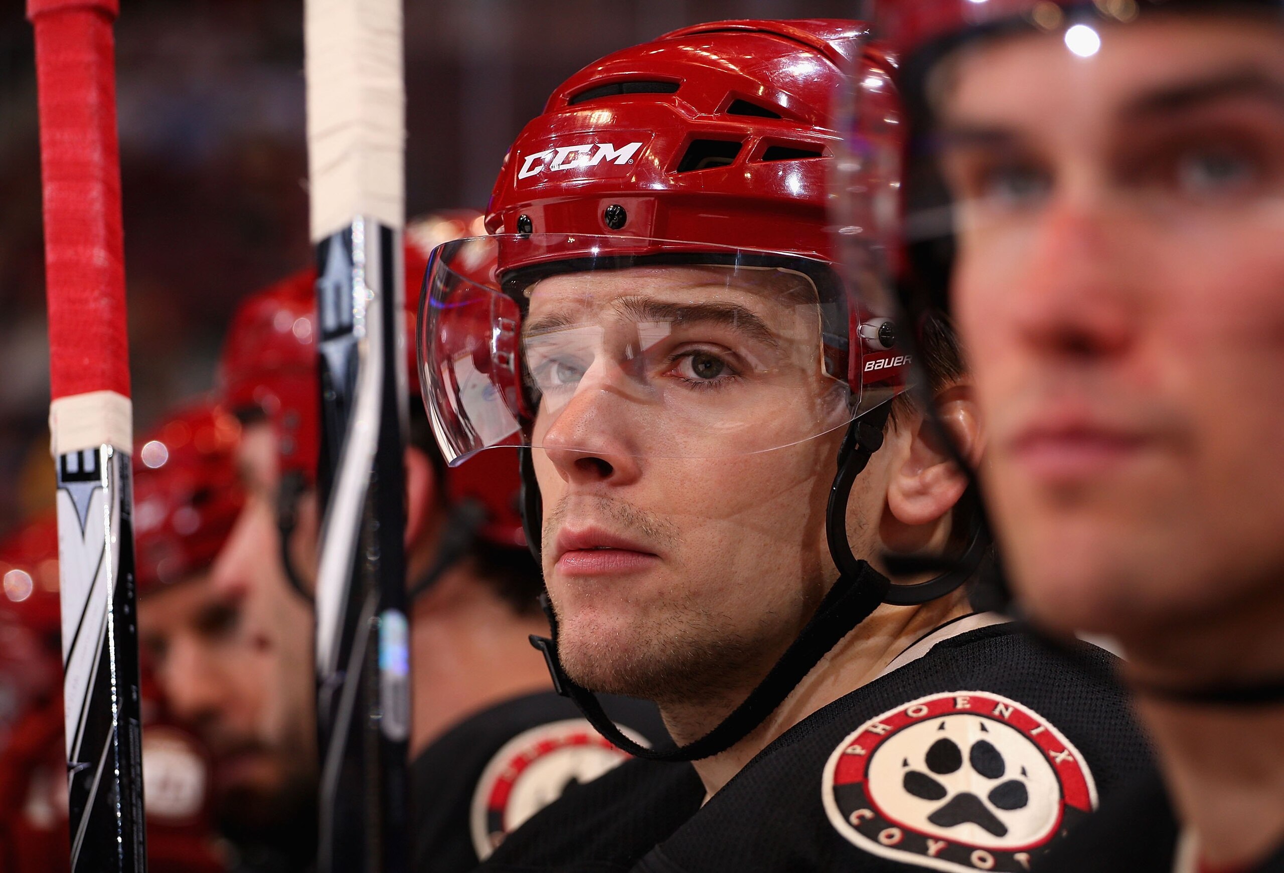 GLENDALE, AZ - JANUARY 16:  Zbynek Michalek #4 of the Phoenix Coyotes watches from the bench during the NHL game against the Minnesota Wild at Jobing.com Arena on January 16, 2010 in Glendale, Arizona.  The Coyotes defeated the Wild 6-4.  (Photo by Christ