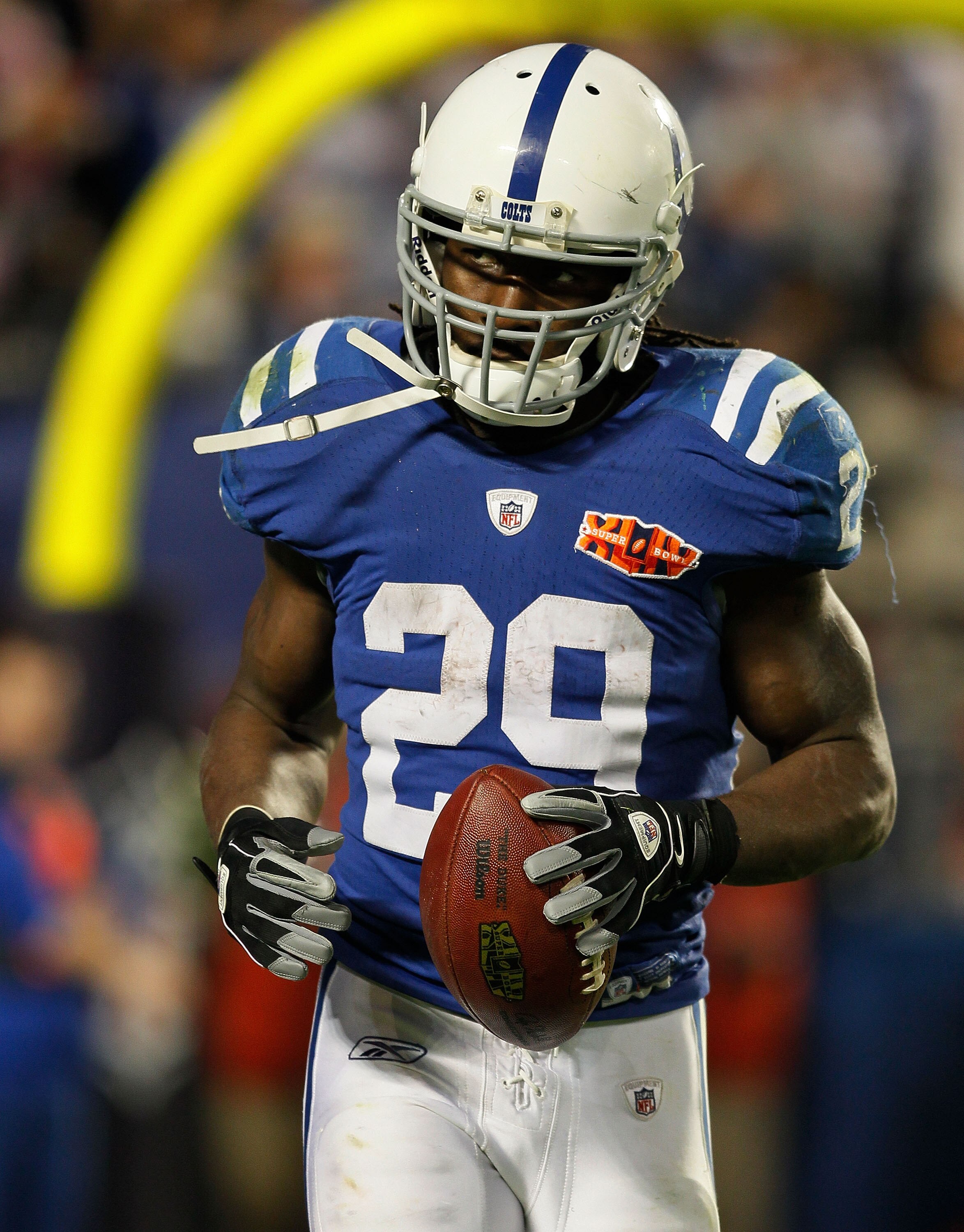 MIAMI GARDENS, FL - FEBRUARY 07: Joseph Addai #29 of the Indianapolis Colts reacts after scoring a touchdown in the third quarter against the New Orleans Saints during Super Bowl XLIV on February 7, 2010 at Sun Life Stadium in Miami Gardens, Florida.  (Ph