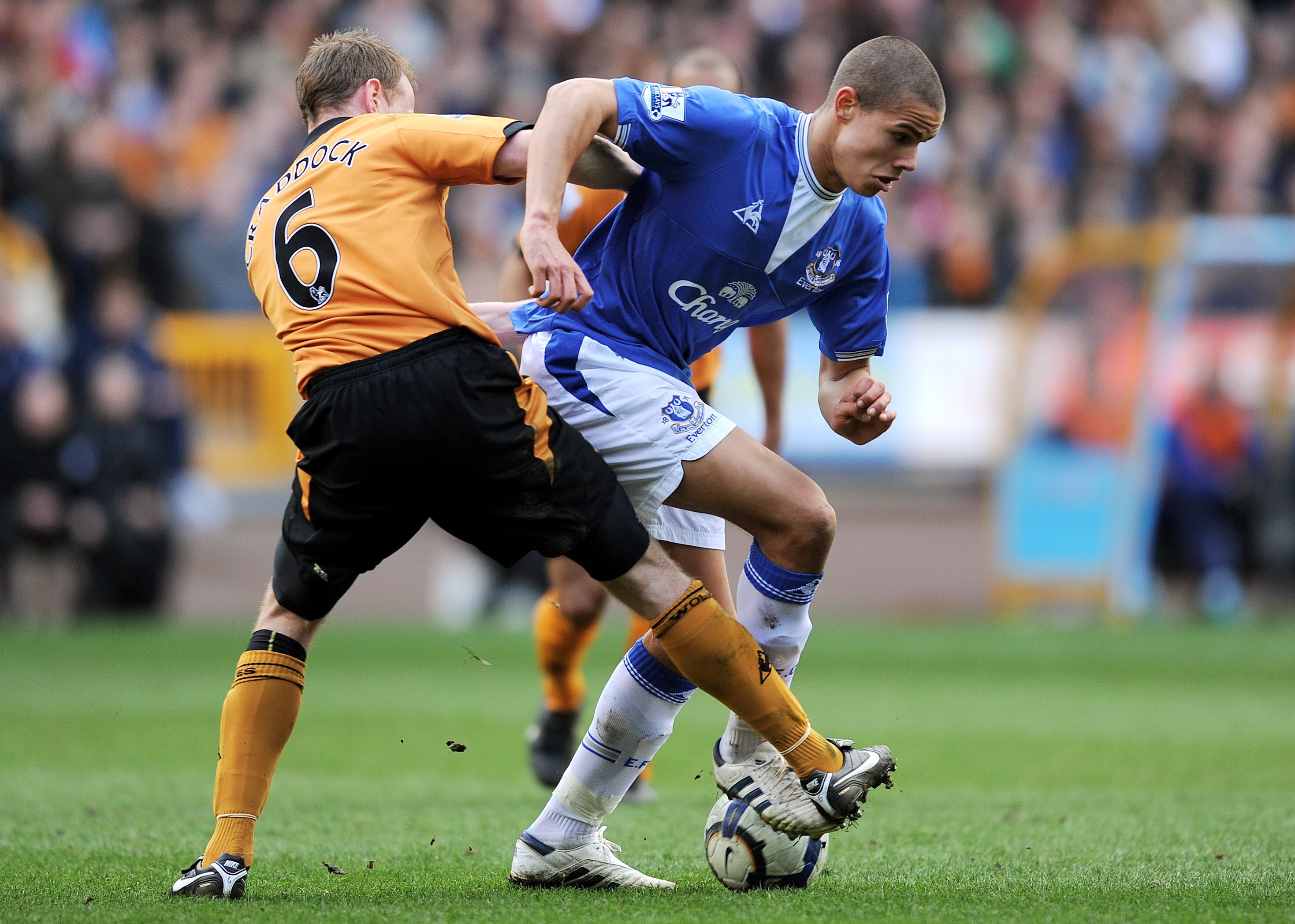 WOLVERHAMPTON, ENGLAND - MARCH 27:  Jack Rodwell of Everton battles Jody Craddock of Wolves during the Barclays Premier League match between Wolverhampton Wanderers and Everton at Molineux on March 27, 2010 in Wolverhampton, England.  (Photo by Michael Re