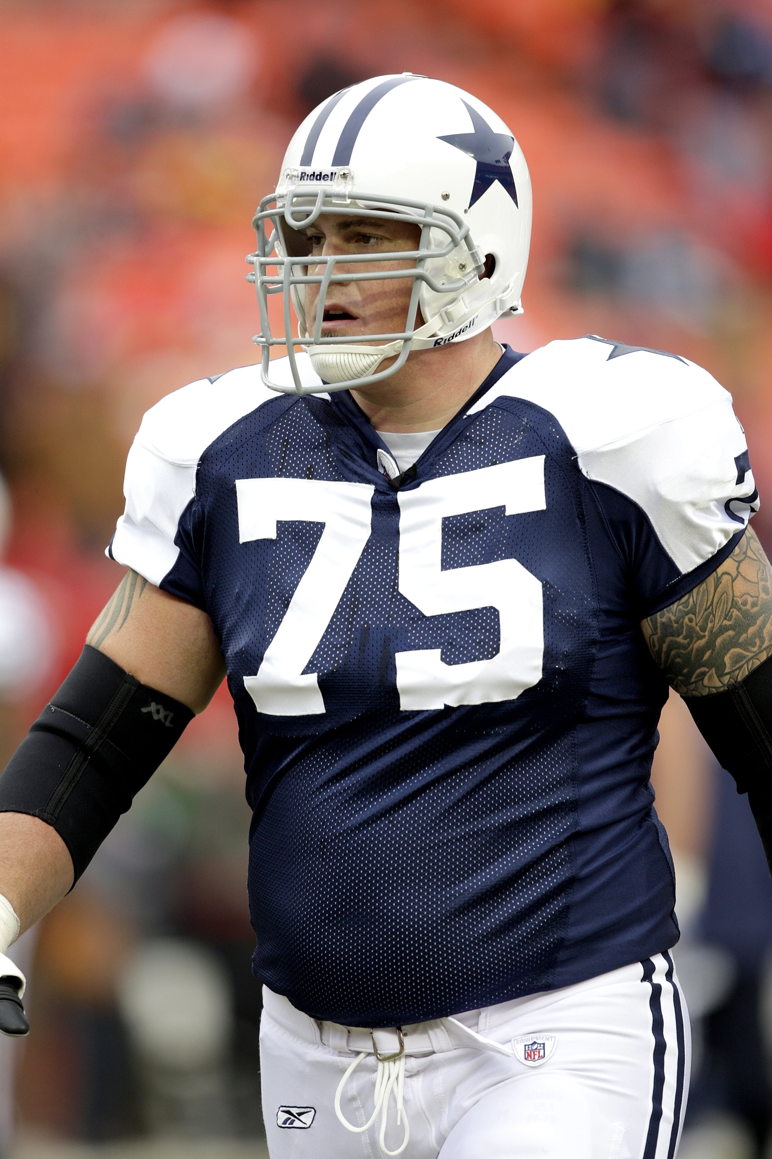KANSAS CITY, MO - OCTOBER 11:  Marc Colombo #75 of the Dallas Cowboys looks on during warm-up prior to the NFL game against the Kansas City Chiefs at Arrowhead Stadiumin on October 11, 2009 Kansas City, Missouri. The Cowboys defeated the Chiefs 26-20 in o