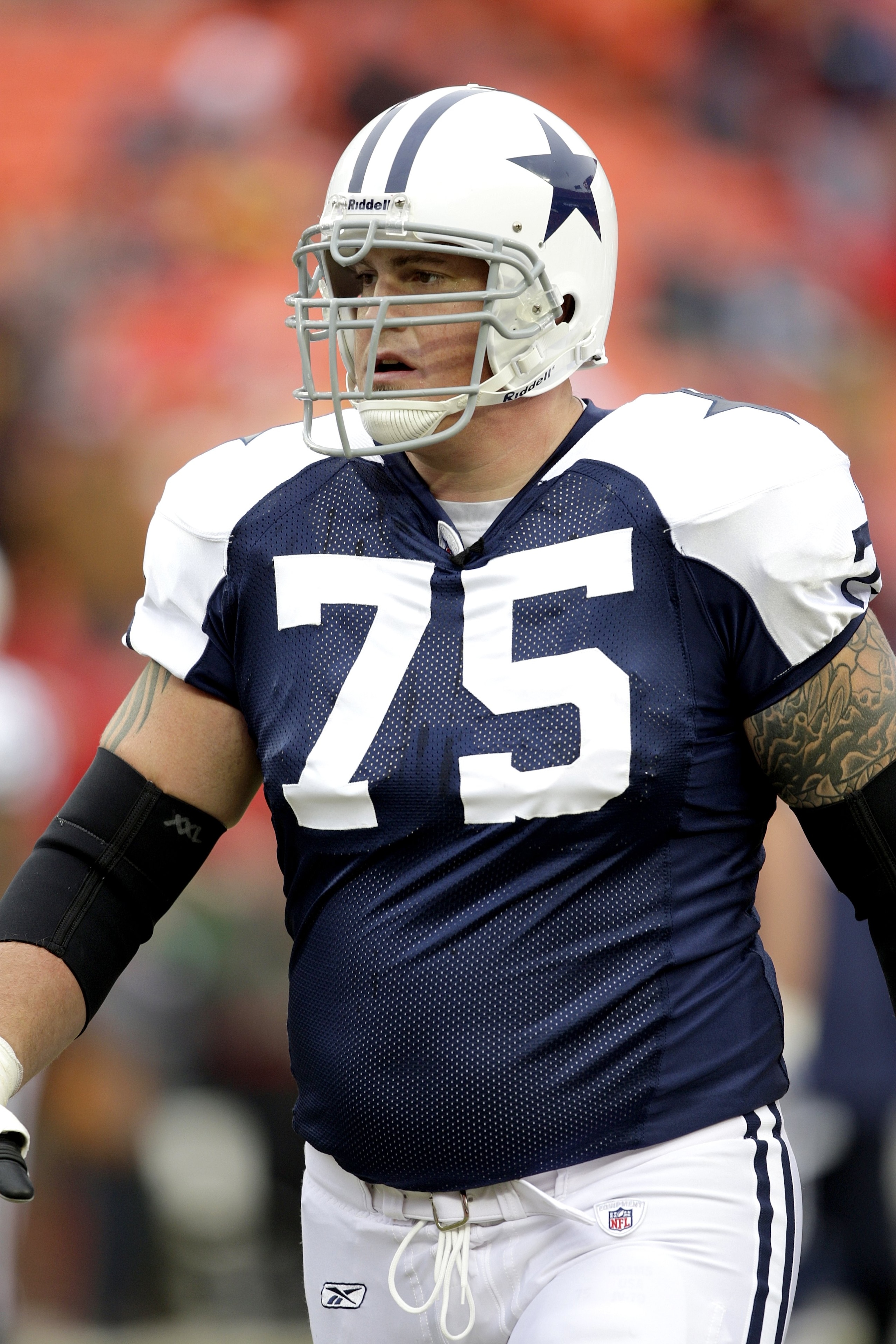 KANSAS CITY, MO - OCTOBER 11:  Marc Colombo #75 of the Dallas Cowboys looks on during warm-up prior to the NFL game against the Kansas City Chiefs at Arrowhead Stadiumin on October 11, 2009 Kansas City, Missouri. The Cowboys defeated the Chiefs 26-20 in o