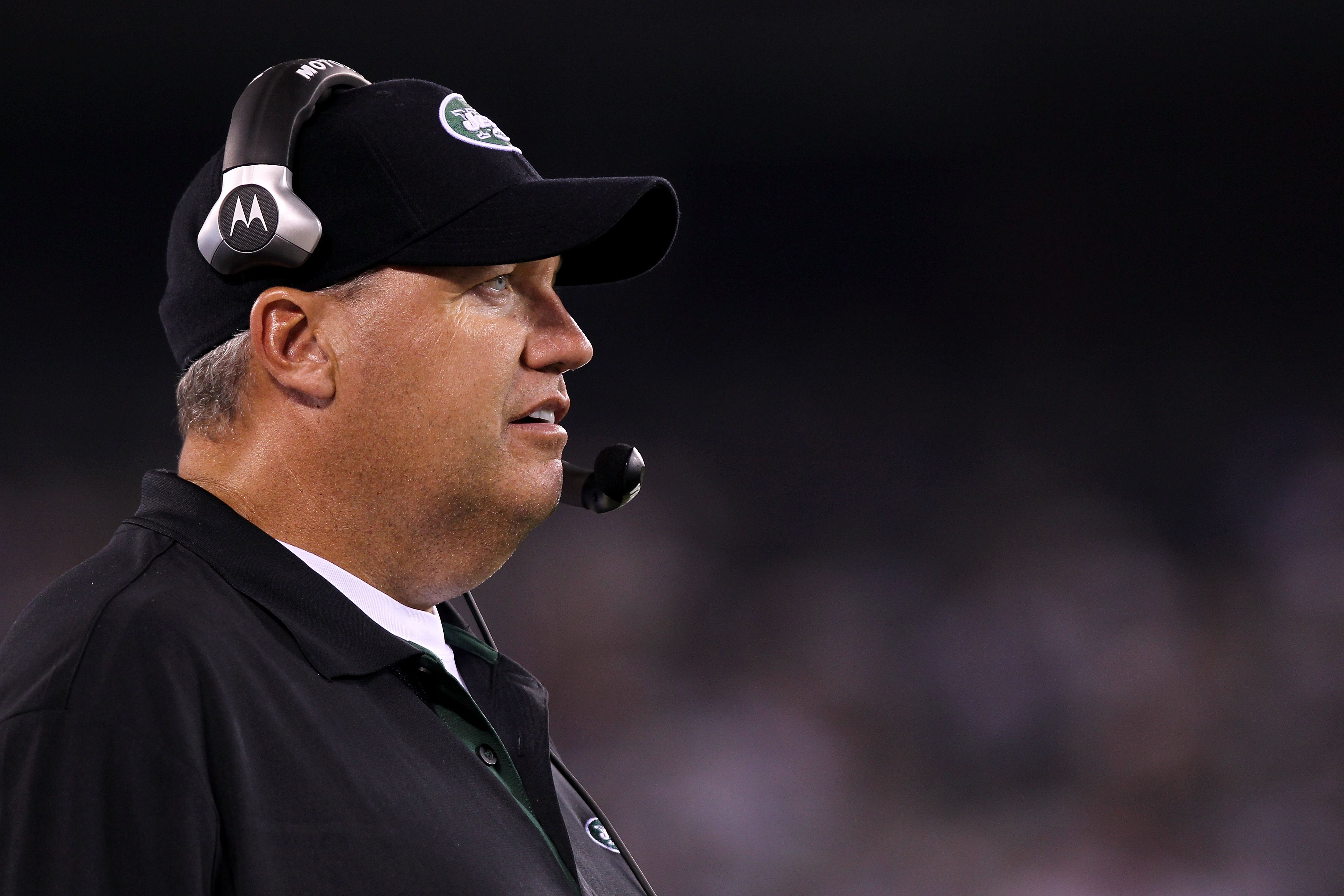 EAST RUTHERFORD, NJ - AUGUST 16:  Head coach Rex Ryan of the New York Jets looks on during their game against the New York Giants at New Meadowlands Stadium on August 16, 2010 in East Rutherford, New Jersey.  (Photo by Nick Laham/Getty Images)