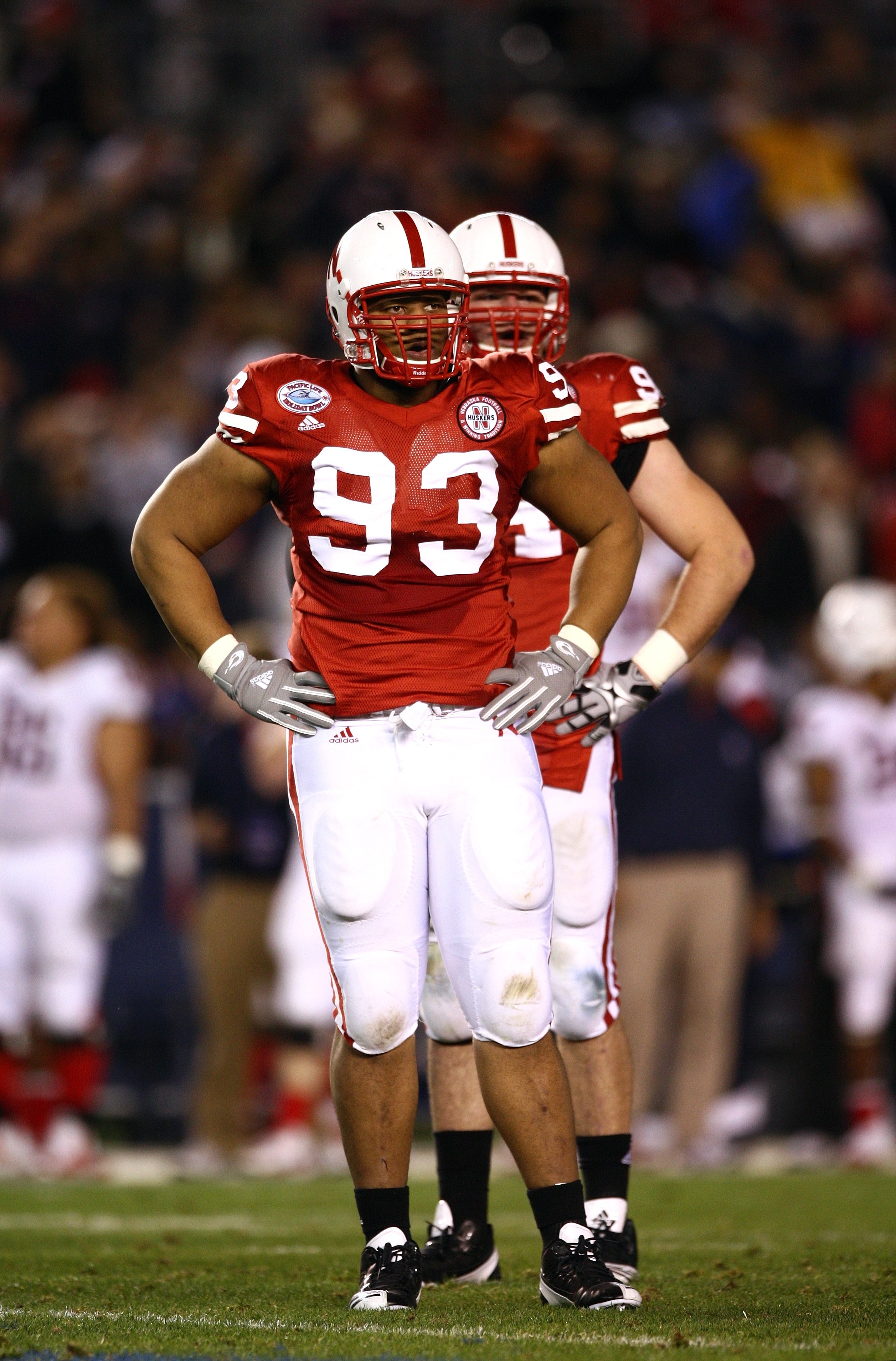 SAN DIEGO - DECEMBER 30:  Ndamukong Suh #93 of the University of Nebraska Cornhuskers looks on during the Pacific Life Holiday Bowl against University of Arizona Wildcats on December 30, 2009 at Qualcomm Stadium in San Diego, California. The Cornhuskers d