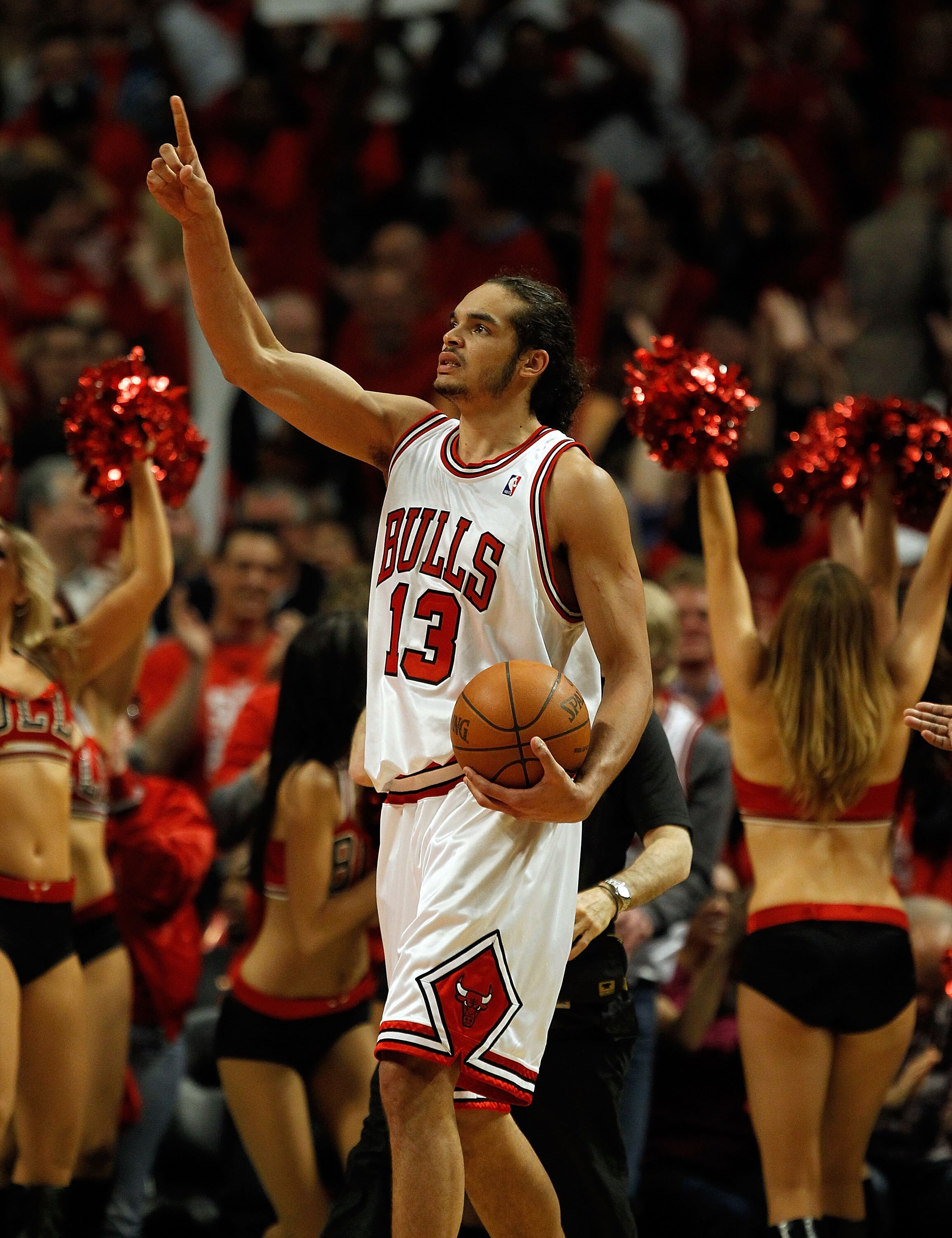 CHICAGO - APRIL 22: Joakim Noah #13 of the Chicago Bulls celebrates a win over the Cleveland Cavaliers in Game Three of the Eastern Conference Quarterfinals during the 2010 NBA Playoffs at the United Center on April 22, 2010 in Chicago, Illinois. The Bull