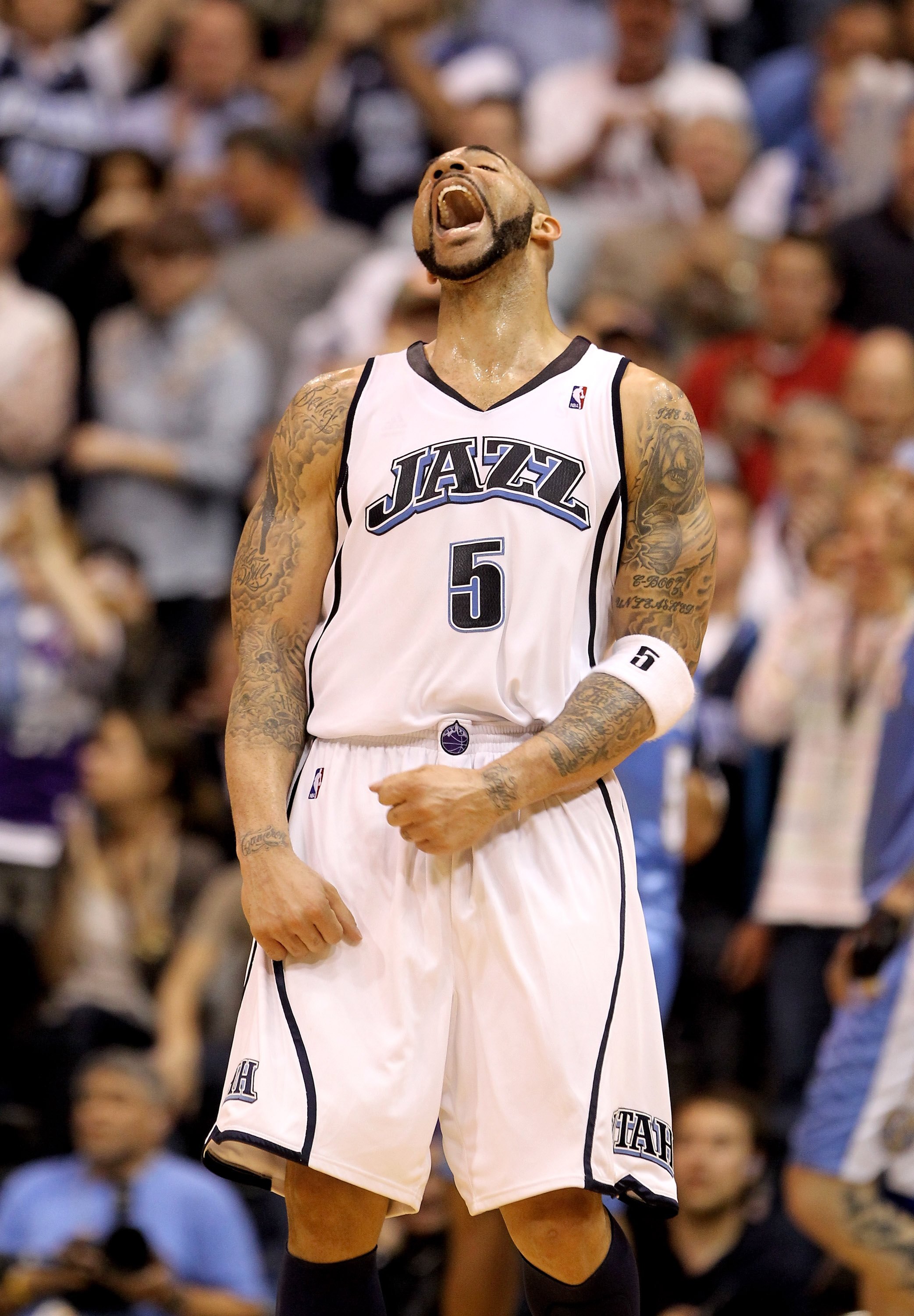 SALT LAKE CITY - APRIL 30:  Carlos Boozer #5 of the Utah Jazz celebrates after a Jazz went ahead 76-75 in the third period of their game against the Denver Nuggets during Game Six of the Western Conference Quarterfinals of the 2010 NBA Playoffs at EnergyS