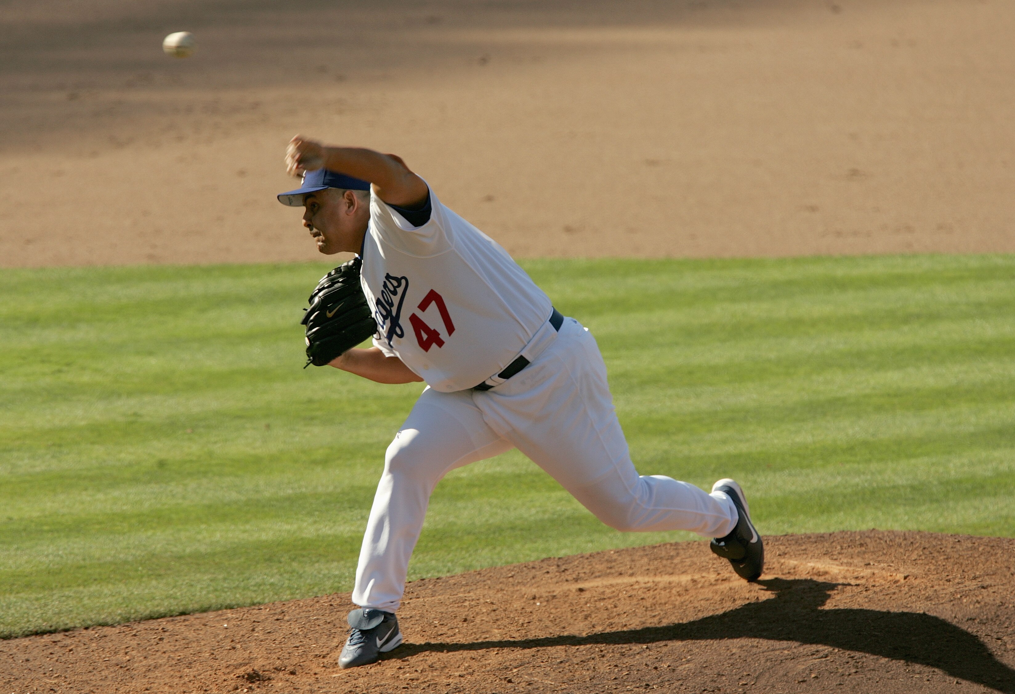 LOS ANGELES - JULY 31:  Wilson Alvarez #47 of the Los Angeles Dodgers pitches during the game against the St. Louis Cardinals on July 31, 2005 at Dodger Stadium in Los Angeles, California.  The Cardinals won 7-5 in 11 innings.  (Photo by Stephen Dunn /Get
