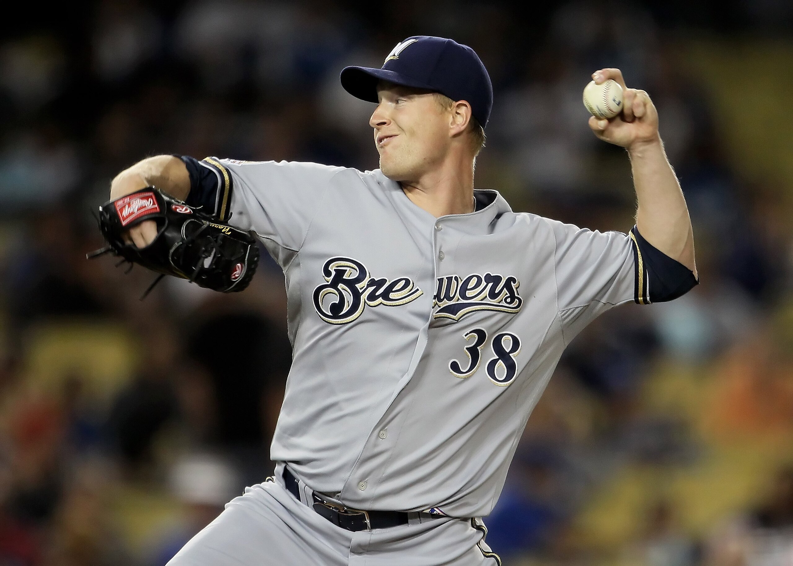 LOS ANGELES, CA - MAY 04:  Chris Narveson #38 of the Milwaukee Brewers pitches against the Los Angeles Dodgers at Dodger Stadium on May 4, 2010 in Los Angeles, California.  (Photo by Jeff Gross/Getty Images)