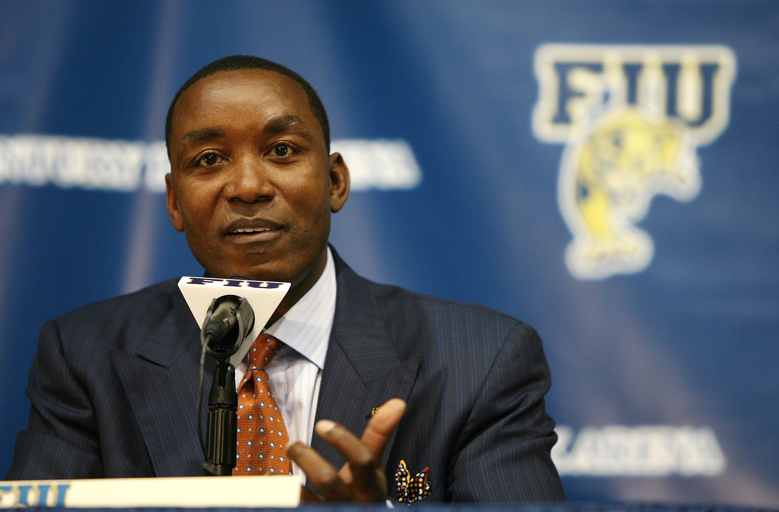 MIAMI - APRIL 15:  Isiah Thomas talks to the media after he was introduced as the new head coach for Florida International Univeristy men's basketball team at U.S.Century Bank Arena on April 15, 2009 in Miami, Florida.  (Photo by Doug Benc/Getty Images)