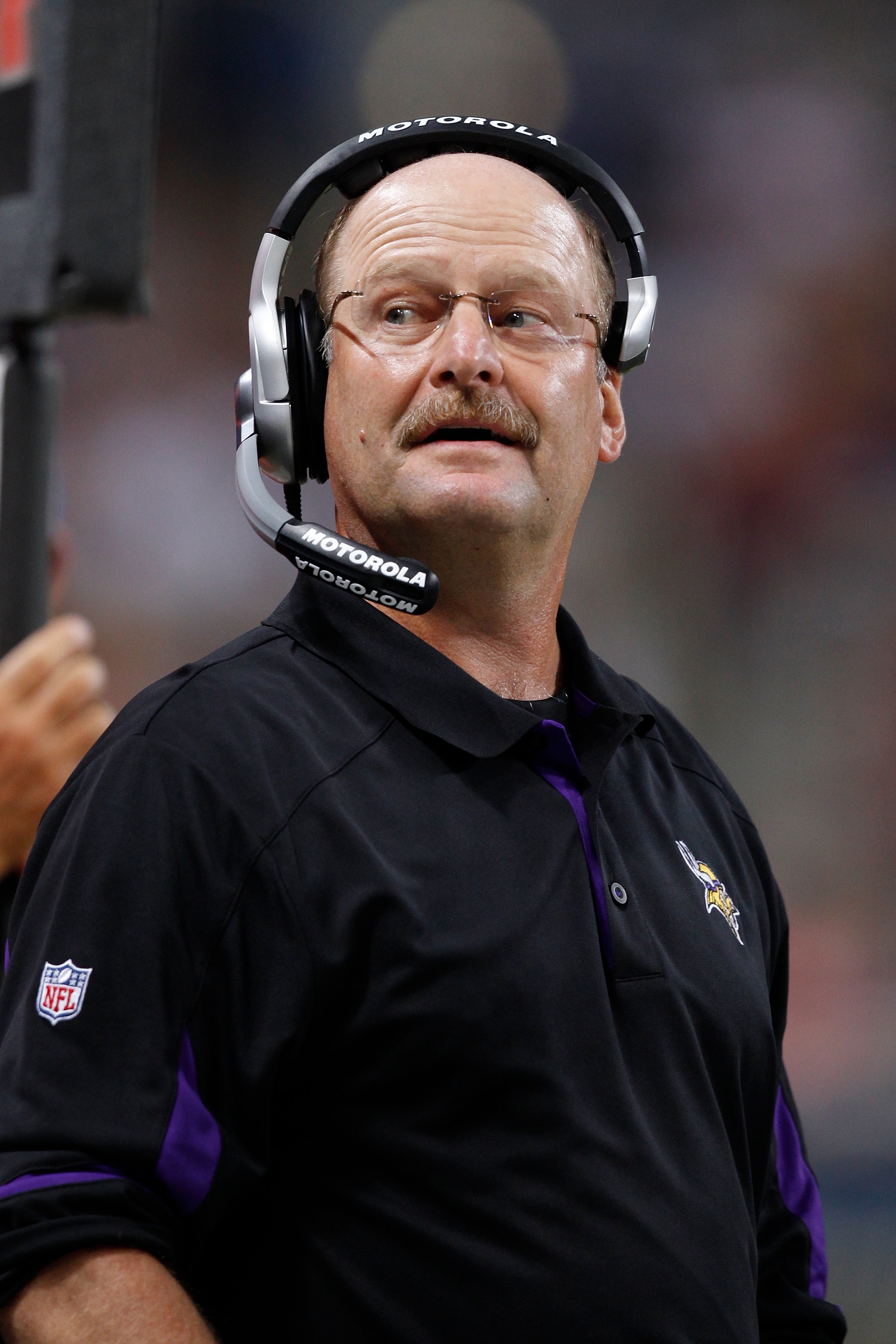 ST. LOUIS, MO - AUGUST 14: Head coach Brad Childress of the Minnesota Vikings looks on against the St. Louis Rams during the preseason game at Edward Jones Dome on August 14, 2010 in St. Louis, Missouri. The Vikings defeated the Rams 28-7. (Photo by Joe R