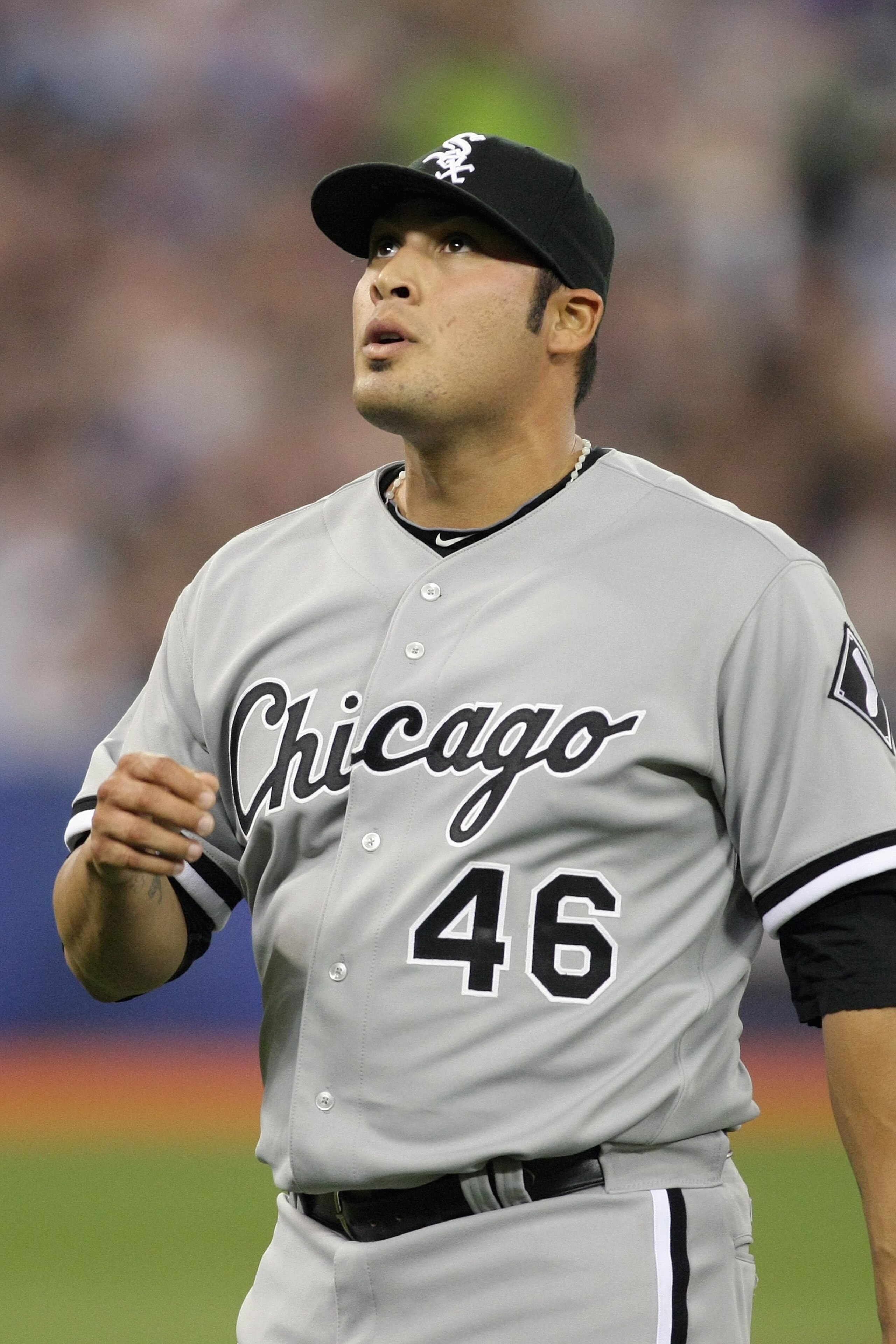 TORONTO - APRIL 12:  Sergio Santos #46 of the Chicago White Sox watches the flight of the ball against the Toronto Blue Jays during their MLB game at the Rogers Centre on April 12, 2010 in Toronto, Ontario. (Photo By Dave Sandford/Getty Images)
