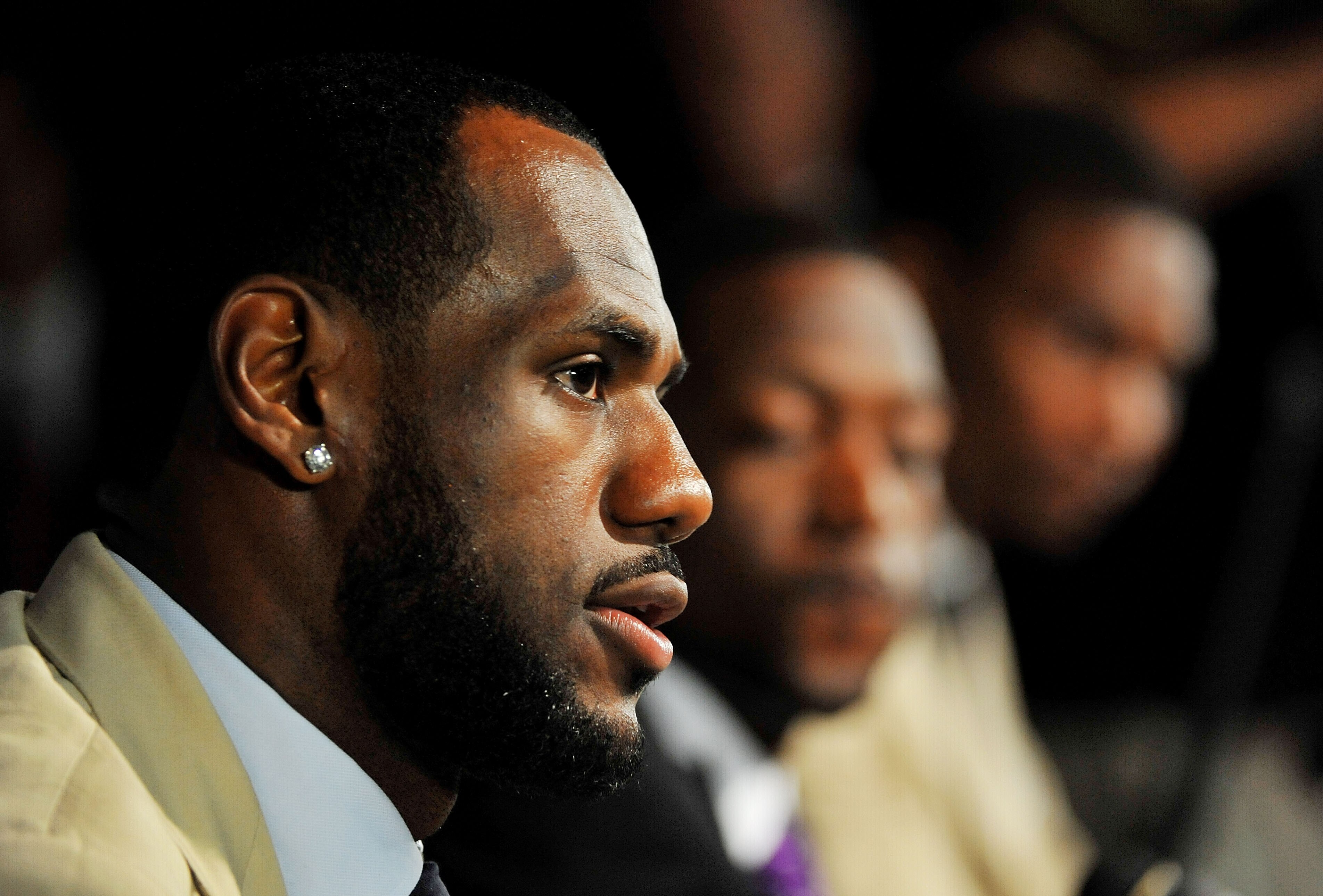 MIAMI - JULY 09:  LeBron James #6 of the Miami Heat talks during a press conference after a welcome party at American Airlines Arena on July 9, 2010 in Miami, Florida.  (Photo by Doug Benc/Getty Images)