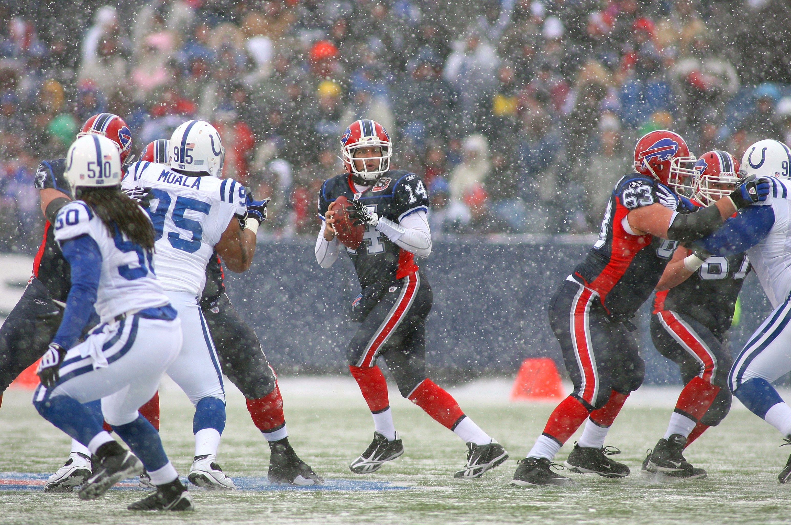 ORCHARD PARK, NY - JANUARY 3: Quarterback Ryan Fitzpatrick #14 of the Buffalo Bills drops back in the pocket and looks to make a pass play during their NFL game against the Indianapolis Colts at Ralph Wilson Stadium on January 3, 2010 in Orchard Park, New