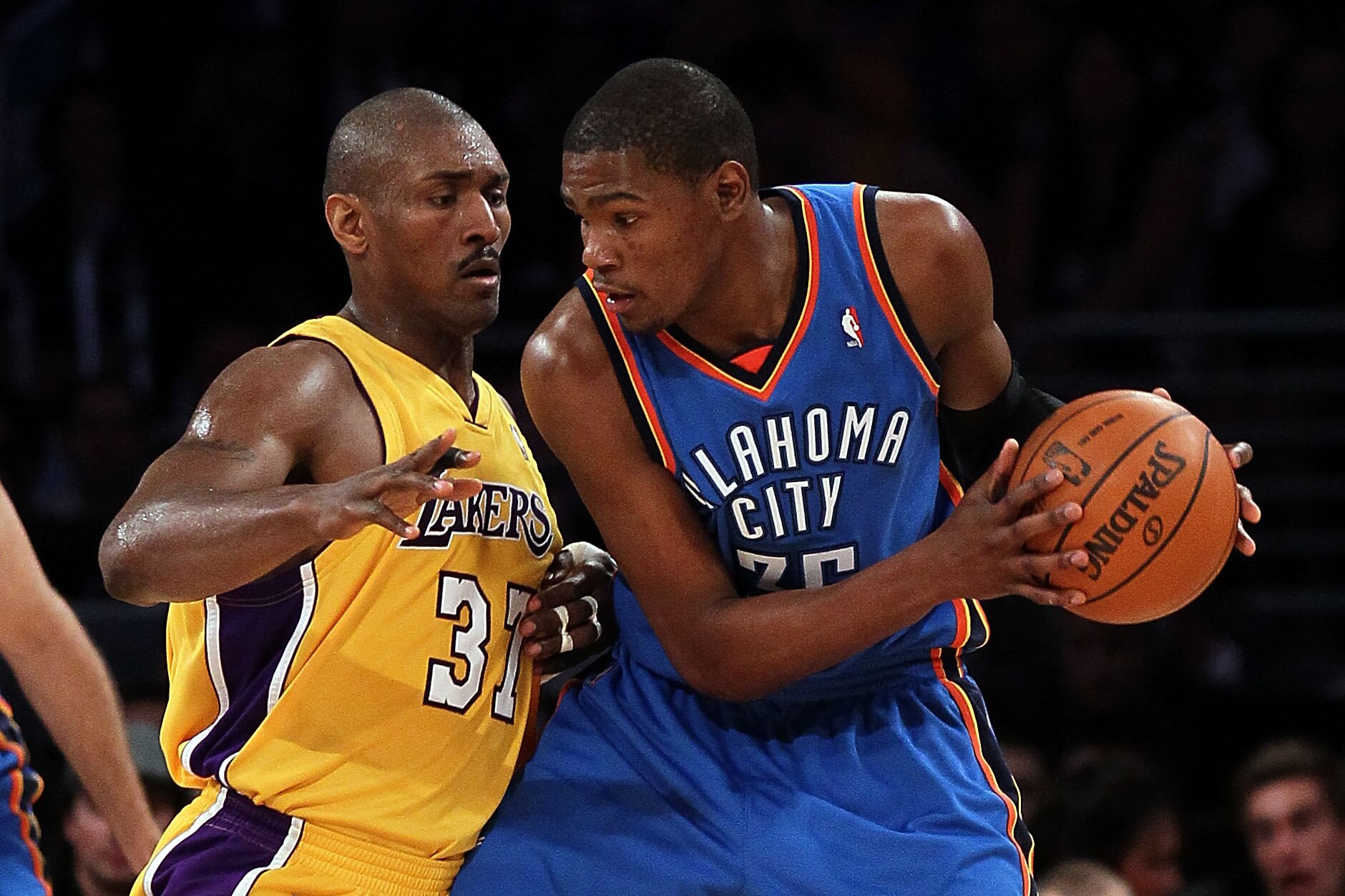 LOS ANGELES, CA - APRIL 27: Kevin Durant #35 of the Oklahoma City Thunder posts up Ron Artest #37 of the Los Angeles Lakers in the first half during Game Two of the Western Conference Quarterfinals of the 2010 NBA Playoffs at Staples Center on April 27, LOS ANGELES, CA - APRIL 27: Kevin Durant #35 of the Oklahoma City Thunder posts up Ron Artest #37 of the Los Angeles Lakers in the first half during Game Two of the Western Conference Quarterfinals of the 2010 NBA Playoffs at Staples Center on April 27,