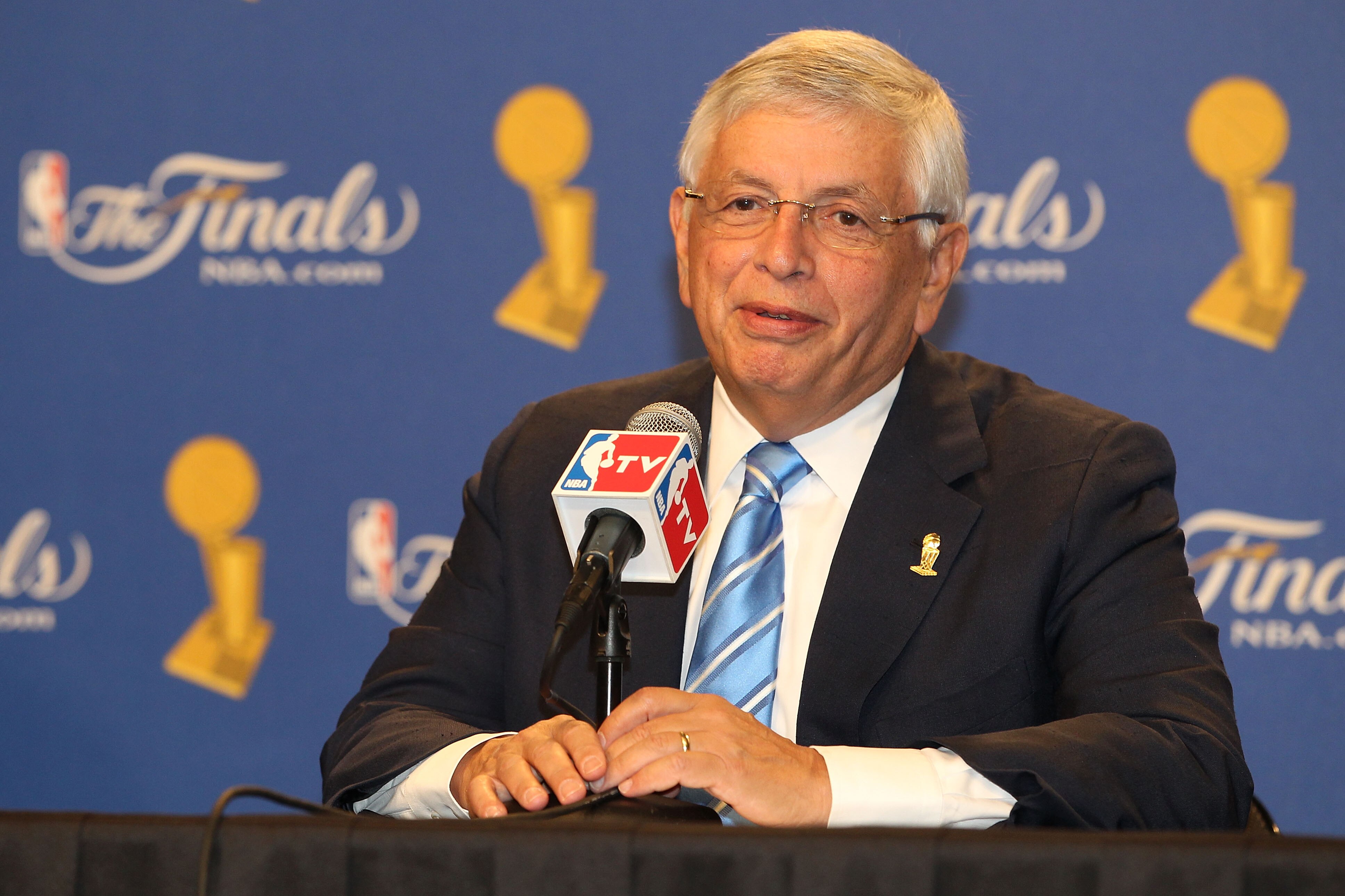LOS ANGELES, CA - JUNE 03:  NBA Commissioner David Stern talks with the media prior to the start of Game One of the 2010 NBA Finals between the Boston Celtics and the Los Angeles Lakers at Staples Center on June 3, 2010 in Los Angeles, California.  NOTE T