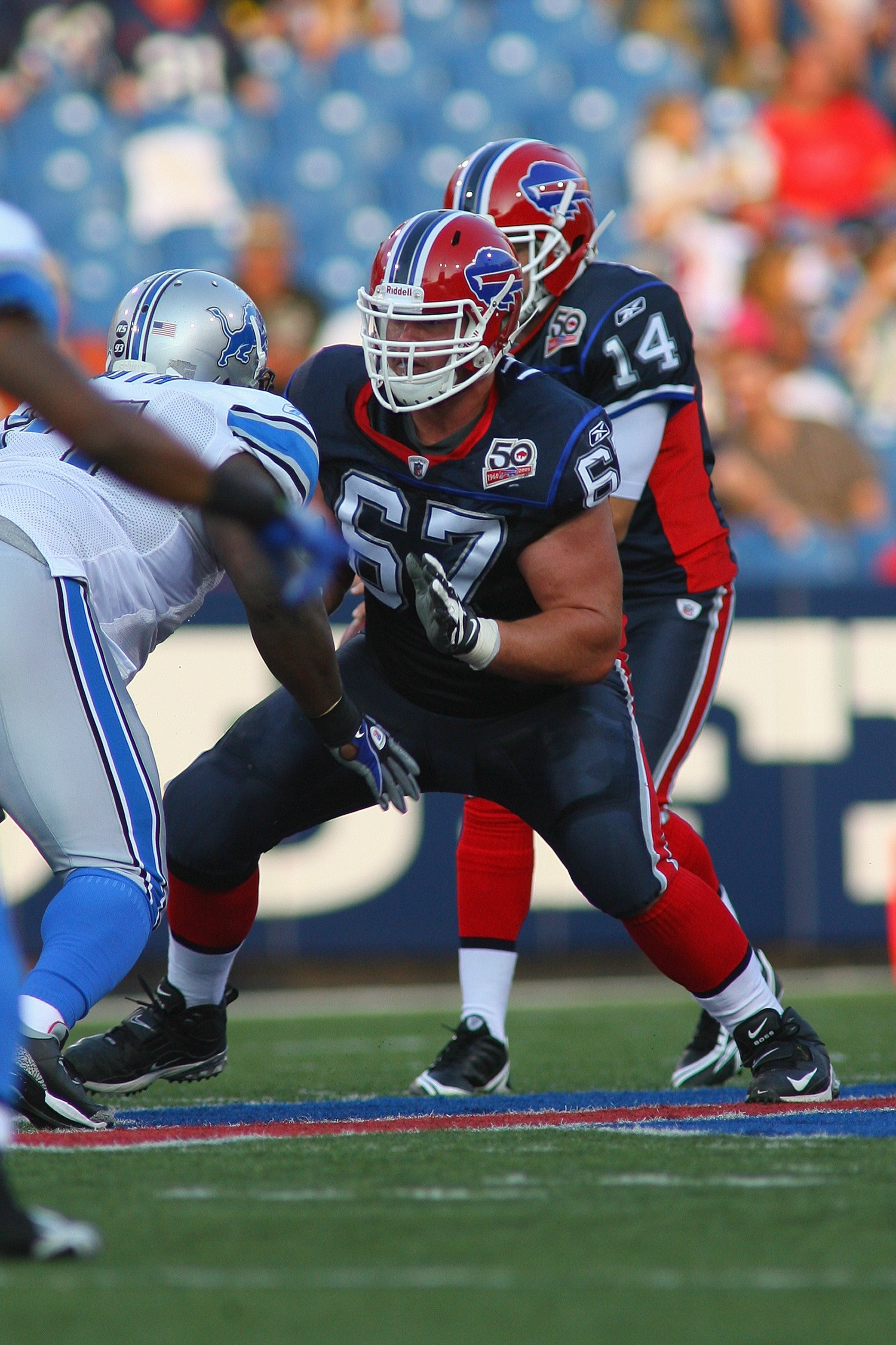 ORCHARD PARK, NY - SEPTEMBER 3:  Andy Levitre #67 of the Buffalo Bills blocks during the preseason game against the Detroit Lions at Ralph Wilson Stadium on September 3, 2009 in Orchard Park, New York. (Photo by Rick Stewart/Getty Images)
