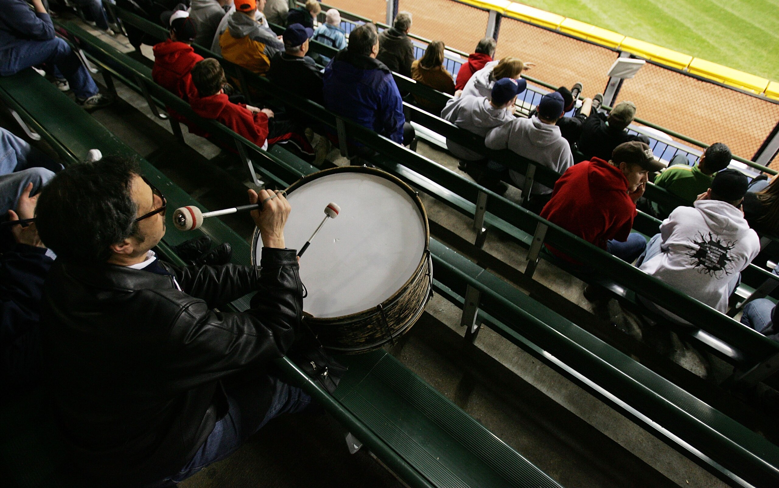 MILWAUKEE - APRIL 10: John Adams, who plays the base drum in the outfield bleachers at Jacobs Field in Cleveland, travelled to Milwaukee to watch as the Cleveland Indians take on the Los Angeles Angels of Anaheim on April 10, 2007 at Miller Park in Milwau MILWAUKEE - APRIL 10: John Adams, who plays the base drum in the outfield bleachers at Jacobs Field in Cleveland, travelled to Milwaukee to watch as the Cleveland Indians take on the Los Angeles Angels of Anaheim on April 10, 2007 at Miller Park in Milwau