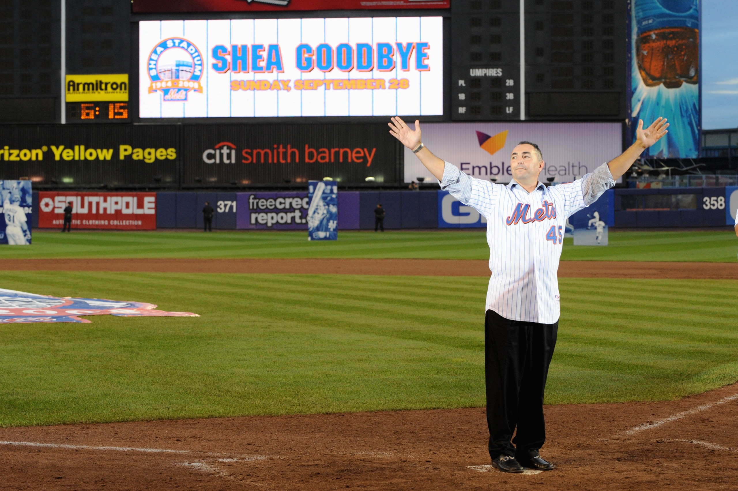 NEW YORK - SEPTEMBER 28: Former New York Mets players John Franco waves to the fans at home plate after the game against the Florida Marlins to commemorate the last regular season baseball game ever played in Shea Stadium on September 28, 2008 in the Flu NEW YORK - SEPTEMBER 28: Former New York Mets players John Franco waves to the fans at home plate after the game against the Florida Marlins to commemorate the last regular season baseball game ever played in Shea Stadium on September 28, 2008 in the Flu