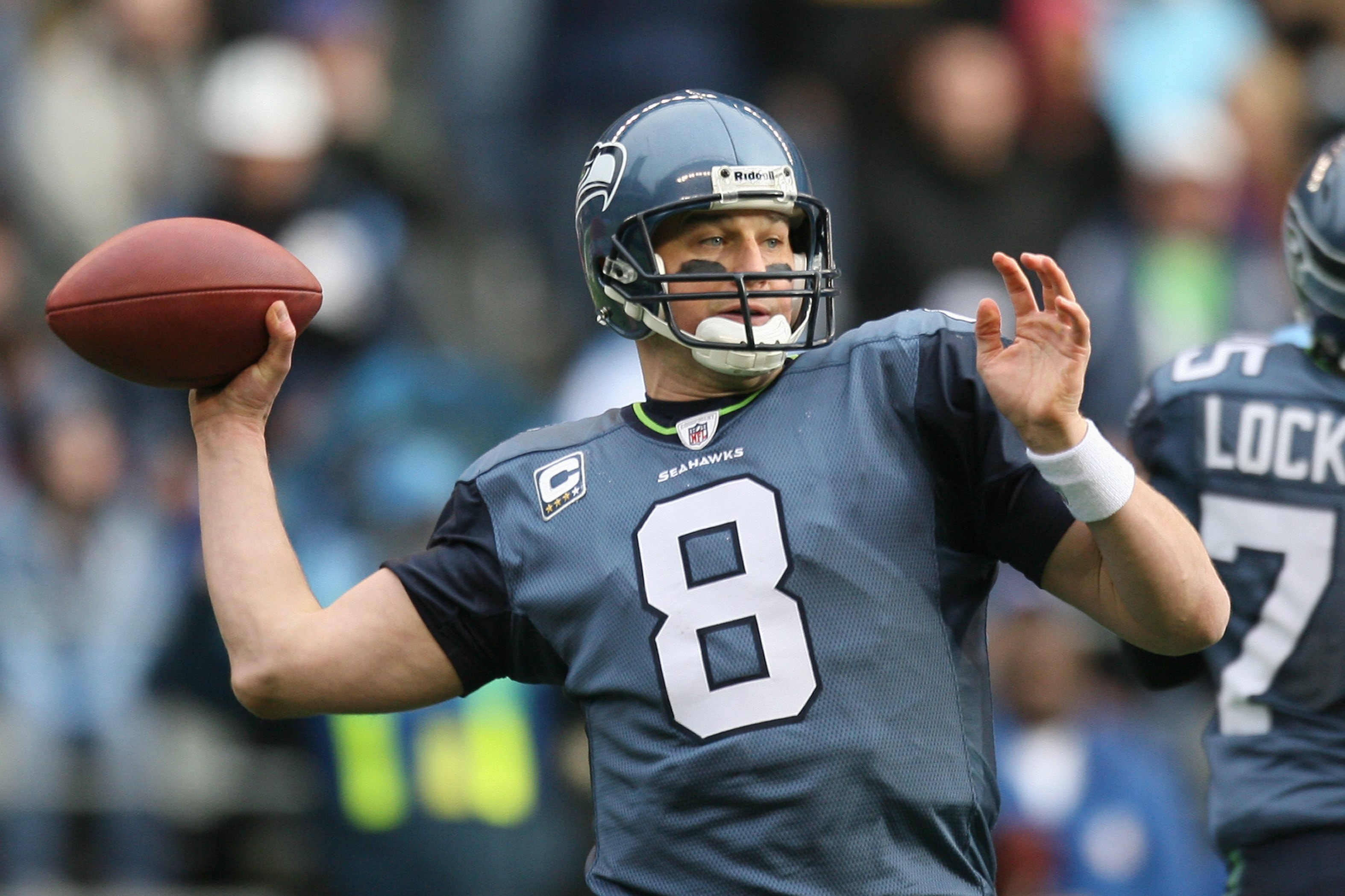 SEATTLE - JANUARY 03:  Matt Hasselbeck #8 of the Seattle Seahawks passes during the game against the Tennessee Titans on January 3, 2010 at Qwest Field in Seattle, Washington. (Photo by Otto Greule Jr/Getty Images)