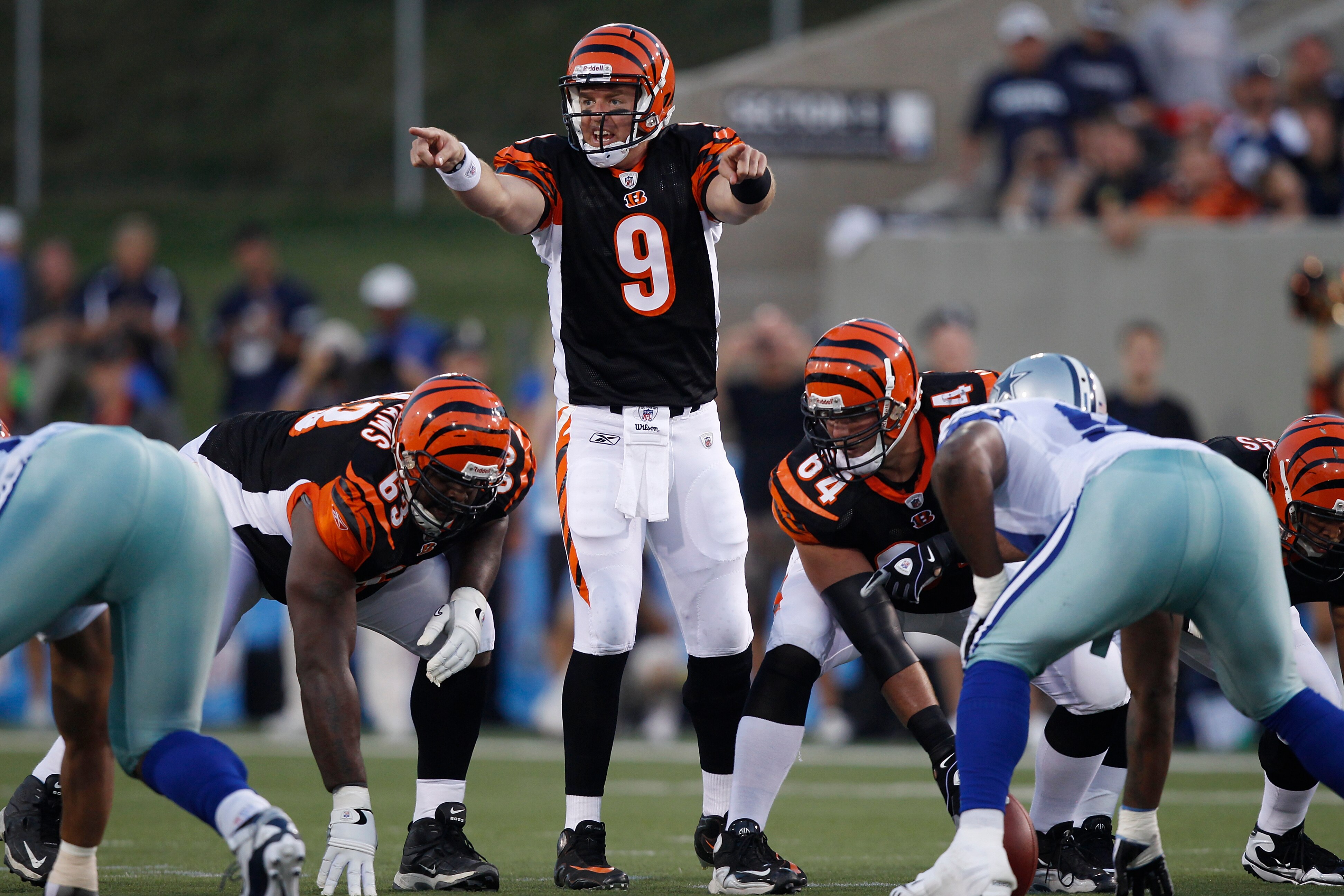 CANTON, OH - AUGUST 8: Carson Palmer #9 of the Cincinnati Bengals calls out signals against the Dallas Cowboys during the 2010 Pro Football Hall of Fame Game at the Pro Football Hall of Fame Field at Fawcett Stadium on August 8, 2010 in Canton, Ohio. The