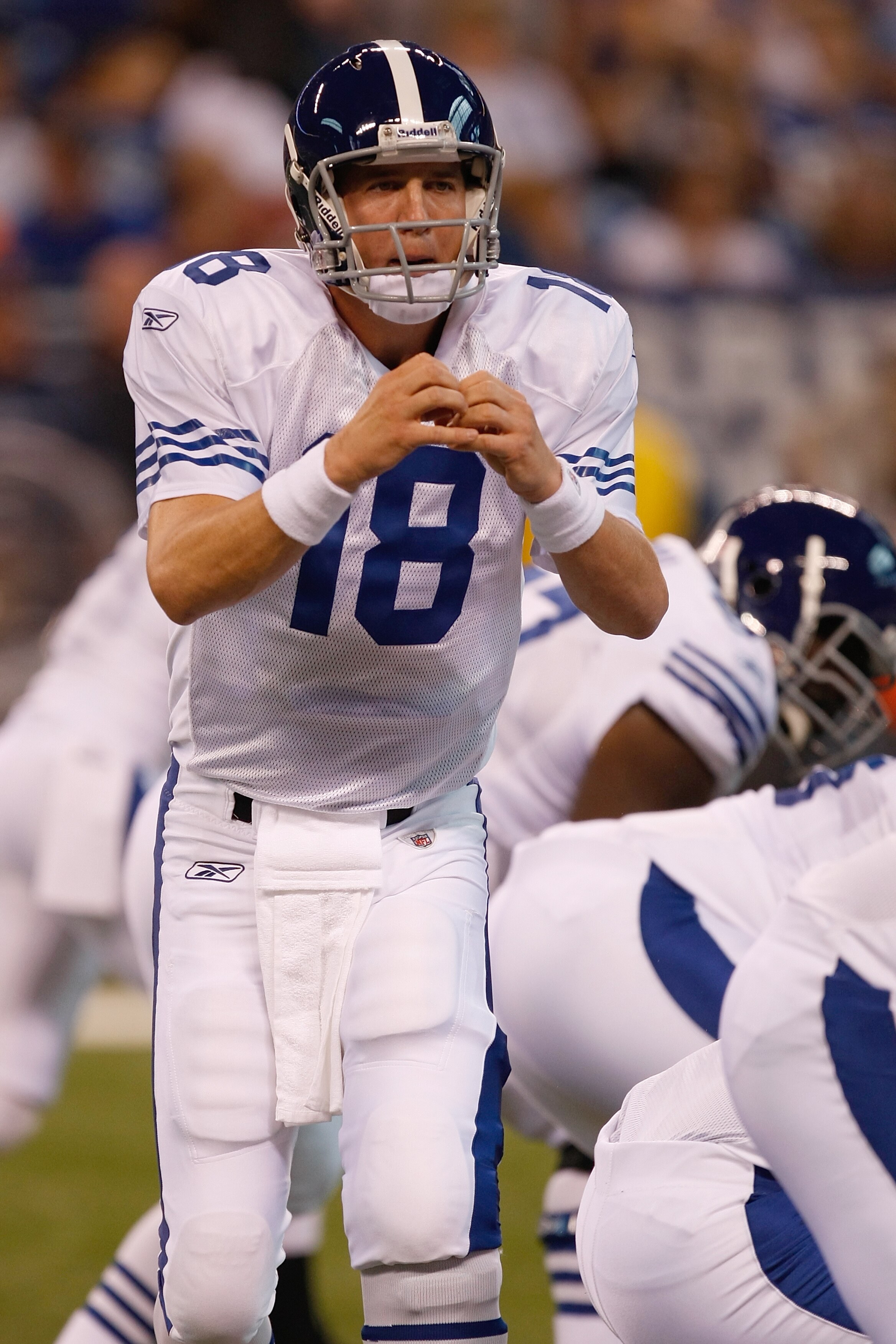 INDIANAPOLIS, IN - AUGUST 15:  Peyton Manning #18 of the Indianapolis Colts calls out signals during the preseason game against the San Francisco 49ers at Lucas Oil Stadium on August 15, 2010 in Indianapolis, Indiana.  (Photo by Scott Boehm/Getty Images)