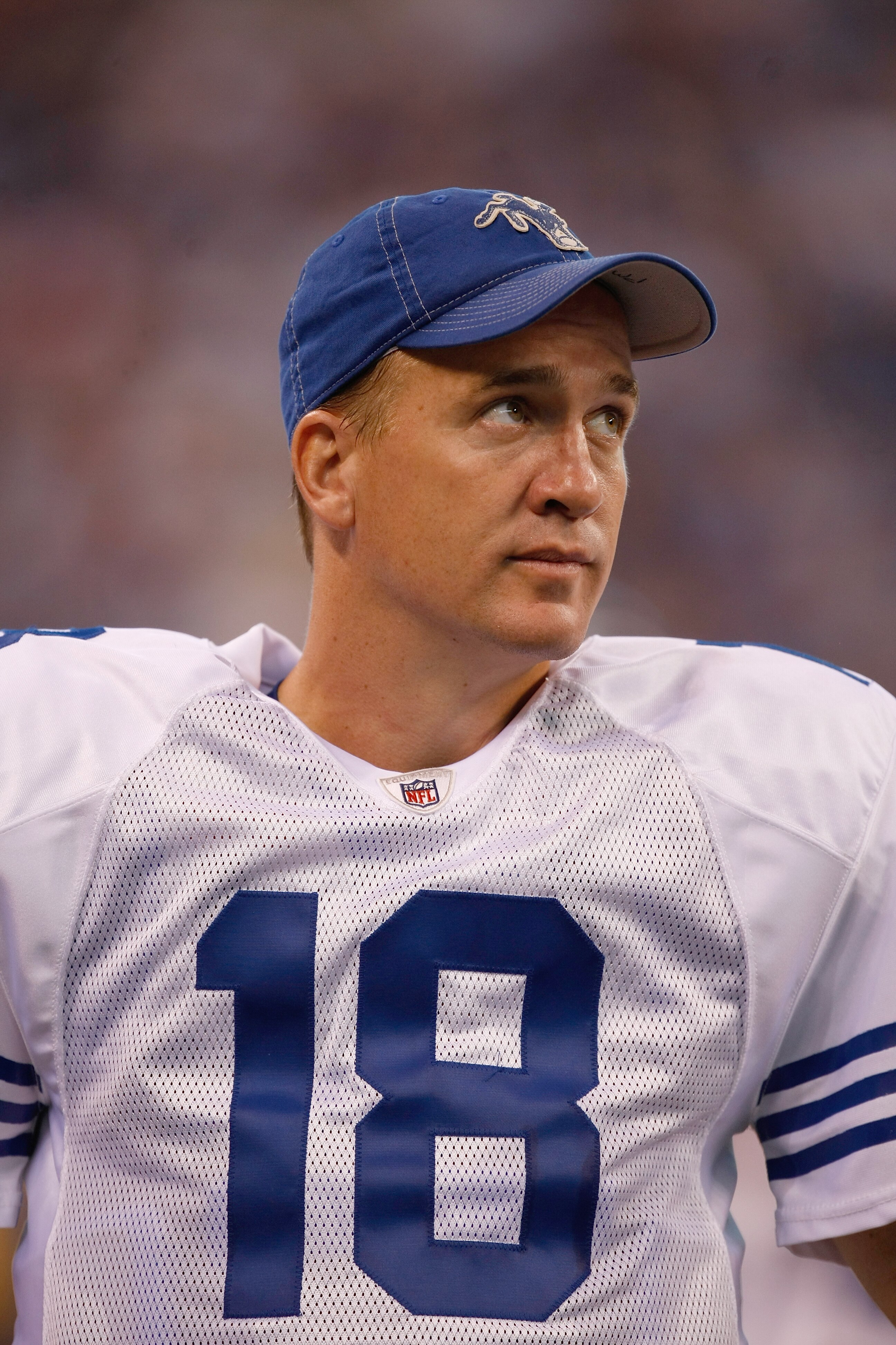 INDIANAPOLIS, IN - AUGUST 15: Peyton Manning #18 of the Indianapolis Colts looks on during the preseason game against the San Francisco 49ers at Lucas Oil Stadium on August 15, 2010 in Indianapolis, Indiana.  (Photo by Scott Boehm/Getty Images)