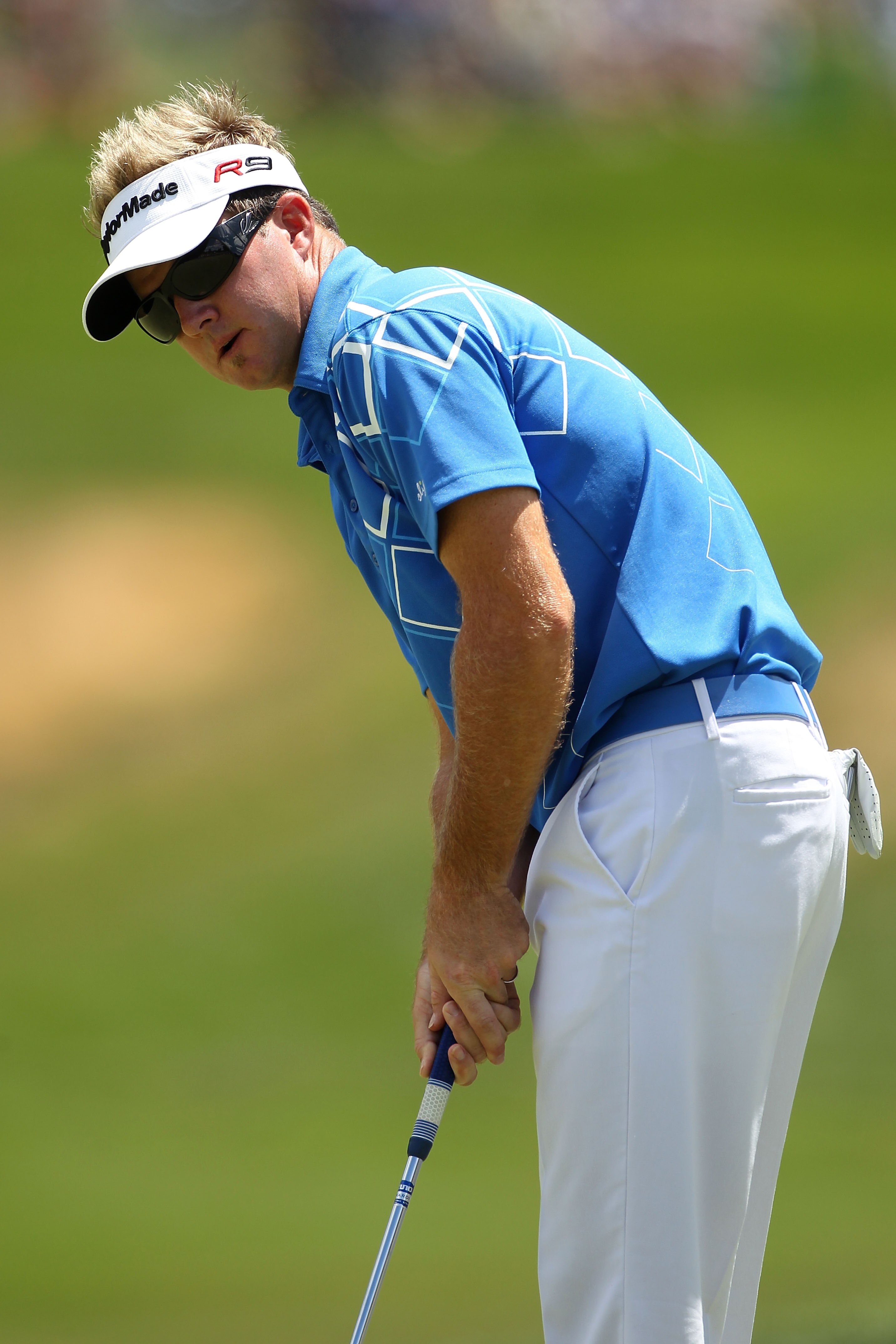 NEWTOWN SQUARE, PA - JULY 02:  Brian Gay lines up a putt on the tenth green during the second round of the AT&T National at Aronimink Golf Club on July 2, 2010 in Newtown Square, Pennsylvania.  (Photo by Hunter Martin/Getty Images)