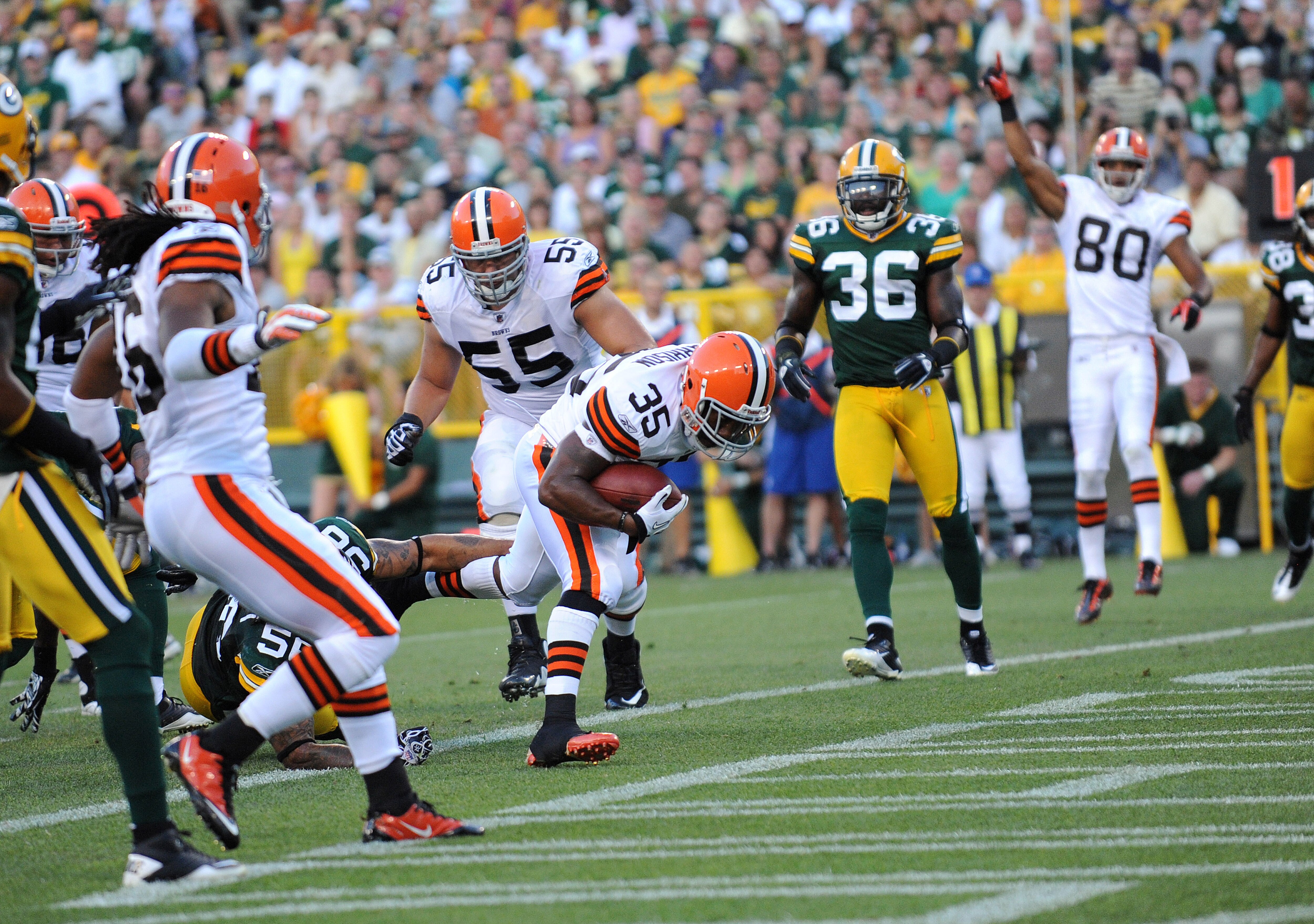 GREEN BAY - AUGUST 14: Jerome Harrison #35 of the Cleveland Browns scores a first quarter touchdown during the NFL preseason game against the Green Bay Packers at Lambeau Field August 14, 2010 in Green Bay, Wisconsin.  (Photo by Tom Dahlin/Getty Images)