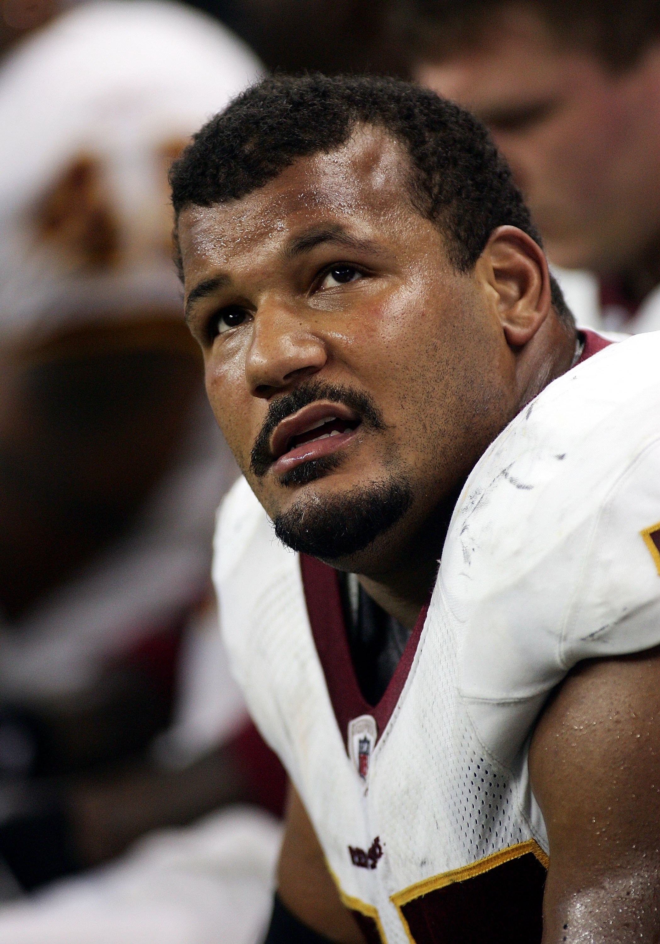 DETROIT - OCTOBER 26:  Randy Thomas #77 of the Washington Redskins looks on during the game against the Detroit Lions on October 26, 2008 at Ford Field in Detroit, Michigan.  (Photo by Domenic Centofanti/Getty Images)