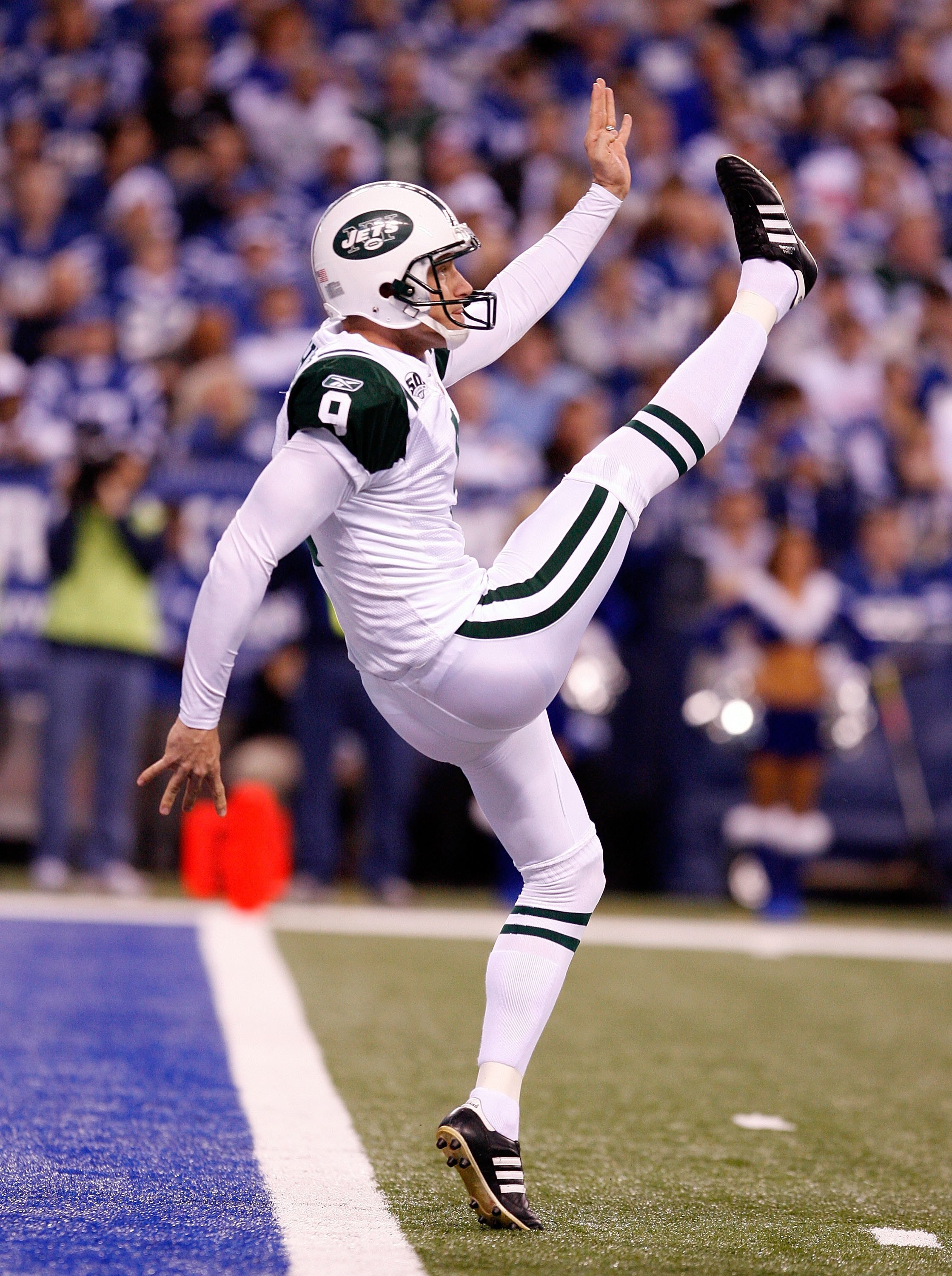 INDIANAPOLIS - DECEMBER 27: Steve Weatherford #9 of the New York Jets punts the ball during the NFL game against at the Indianapolis Colts Lucas Oil Stadium on December 27, 2009 in Indianapolis, Indiana.  (Photo by Andy Lyons/Getty Images)