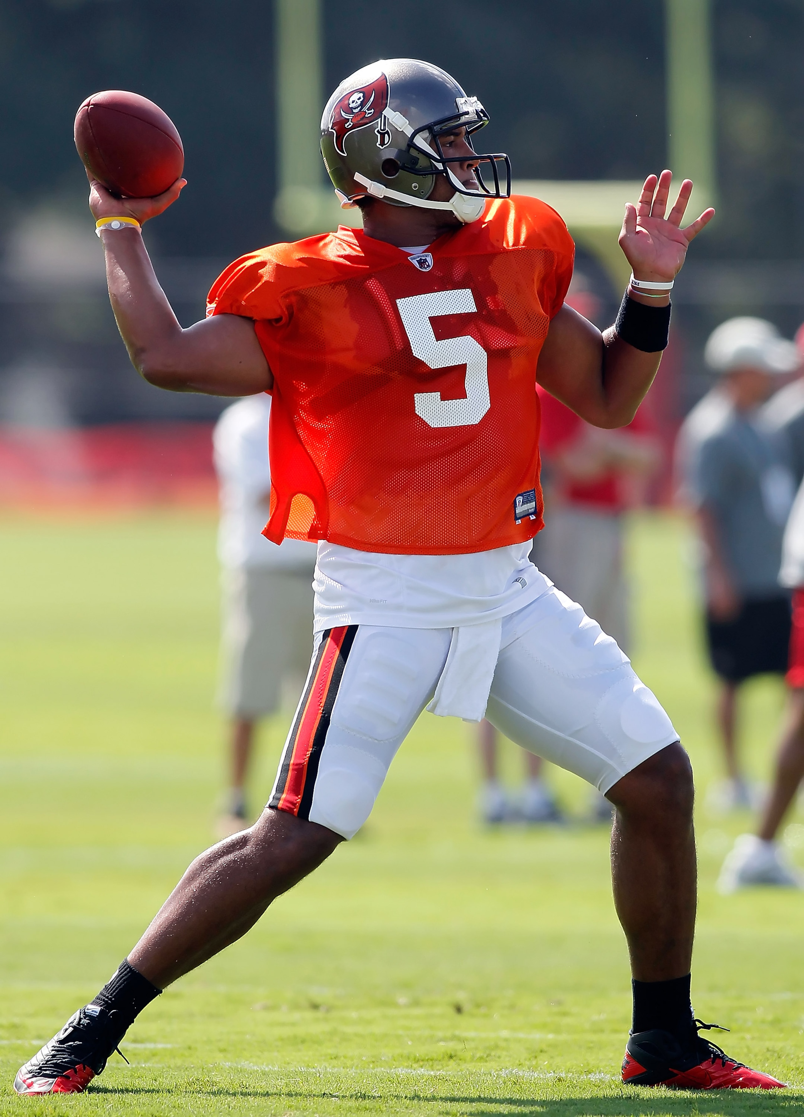 TAMPA, FL - JULY 31: Quarterback Josh Freeman #5 of the Tampa Bay Buccaneers throws a pass during training camp at One Buccaneer Place on July 31, 2010 in Tampa, Florida. (Photo by J. Meric/Getty Images) TAMPA, FL - JULY 31: Quarterback Josh Freeman #5 of the Tampa Bay Buccaneers throws a pass during training camp at One Buccaneer Place on July 31, 2010 in Tampa, Florida. (Photo by J. Meric/Getty Images)
