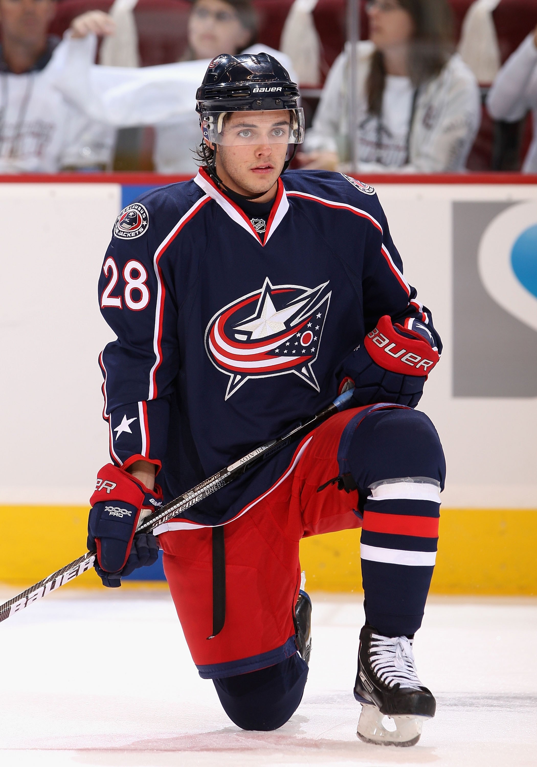 GLENDALE, AZ - OCTOBER 10:  Nikita Filatov #28 of the Columbus Blue Jackets watms up before the NHL game against the Phoenix Coyotes at Jobing.com Arena on October 10, 2009 in Glendale, Arizona. The Blue Jackets defeated the Coyotes 2-0.  (Photo by Christ