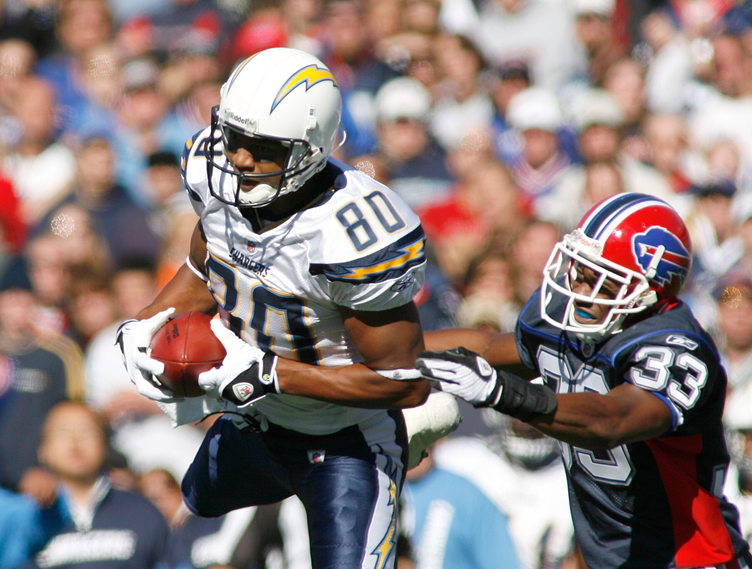 ORCHARD PARK, NY - OCTOBER 19: Malcolm Floyd #80 of the San Diego Chargers makes a catch ahead of Jabari Greer #33 of the Buffalo Bills on October 19, 2008 at Ralph Wilson Stadium in Orchard Park, New York. Buffalo won 23-14. (Photo by Rick Stewart/Get ORCHARD PARK, NY - OCTOBER 19: Malcolm Floyd #80 of the San Diego Chargers makes a catch ahead of Jabari Greer #33 of the Buffalo Bills on October 19, 2008 at Ralph Wilson Stadium in Orchard Park, New York. Buffalo won 23-14. (Photo by Rick Stewart/Get