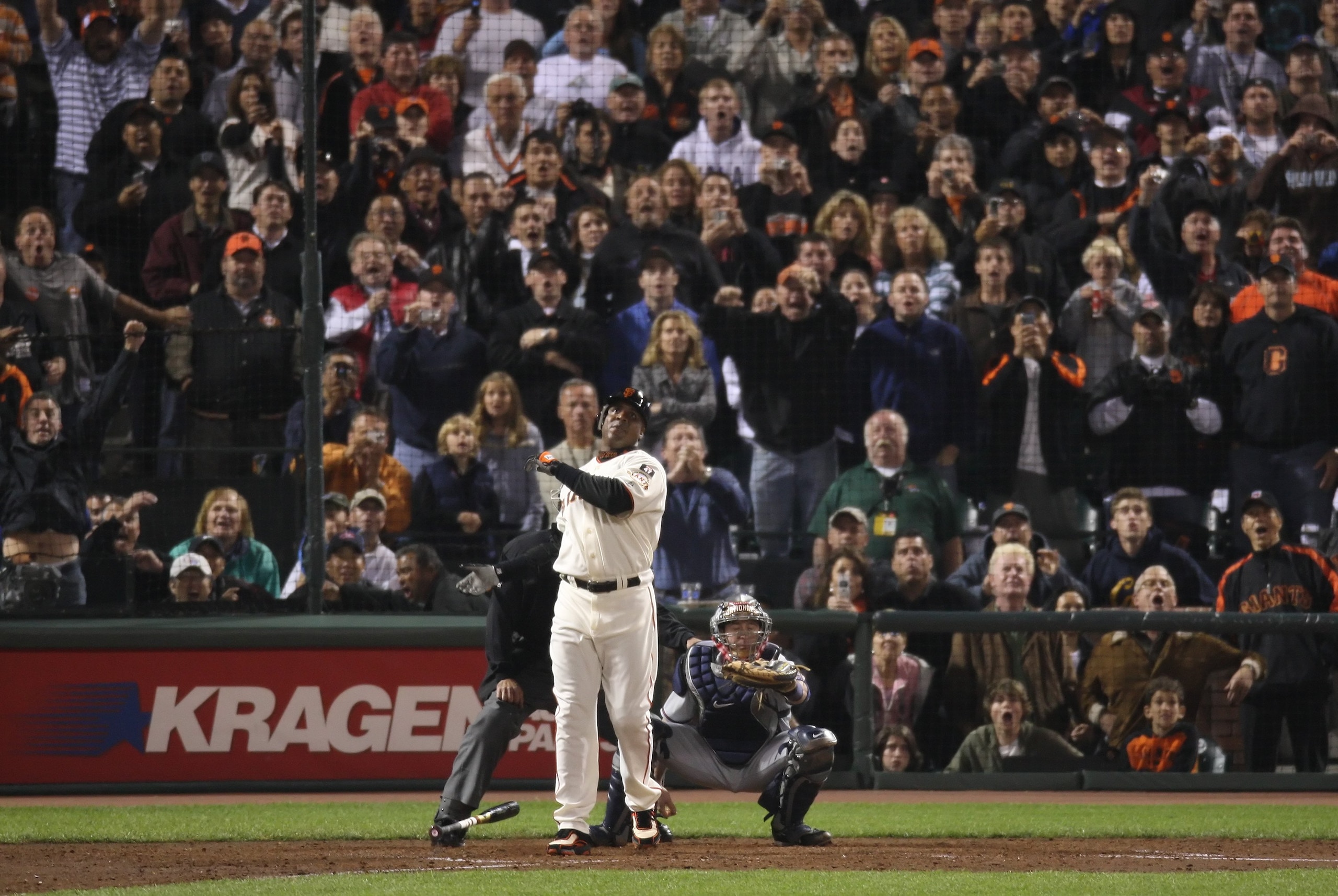 SAN FRANCISCO - AUGUST 7:  Barry Bonds of the San Francisco Giants hits his 756th career home run against the Washington Nationals to become Major League Baseball's all-time home run leader during the game on August 7, 2007 at AT&T Park in San Francisco, 