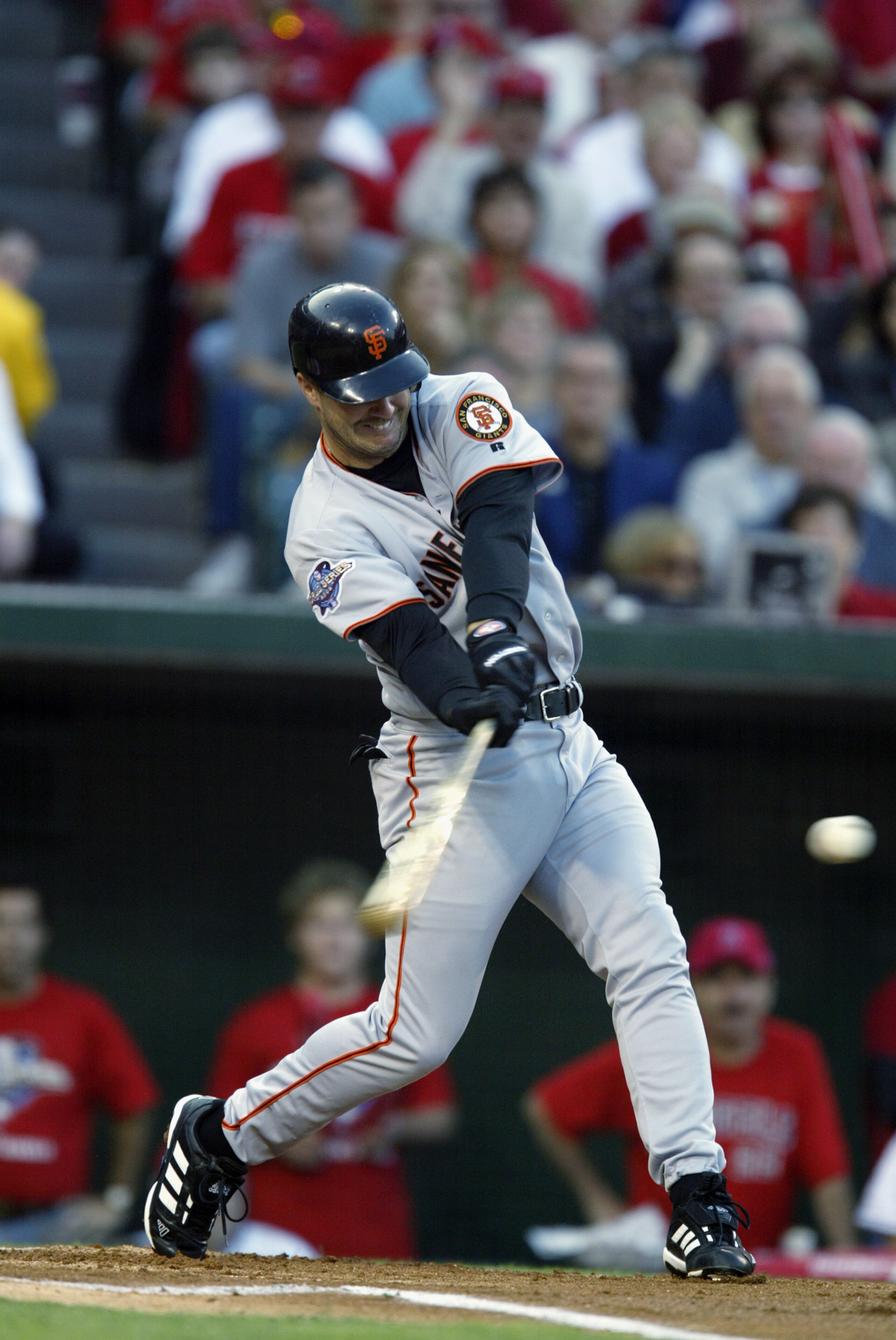 ANAHEIM, CA - OCTOBER 20:  Second baseman Jeff Kent #21 of the San Francisco Giants swings at the pitch during game two of the 2002 World Series against the Anaheim Angels at Edison Field on October 20, 2002 in Anaheim, California.  The Angels won 11-10,