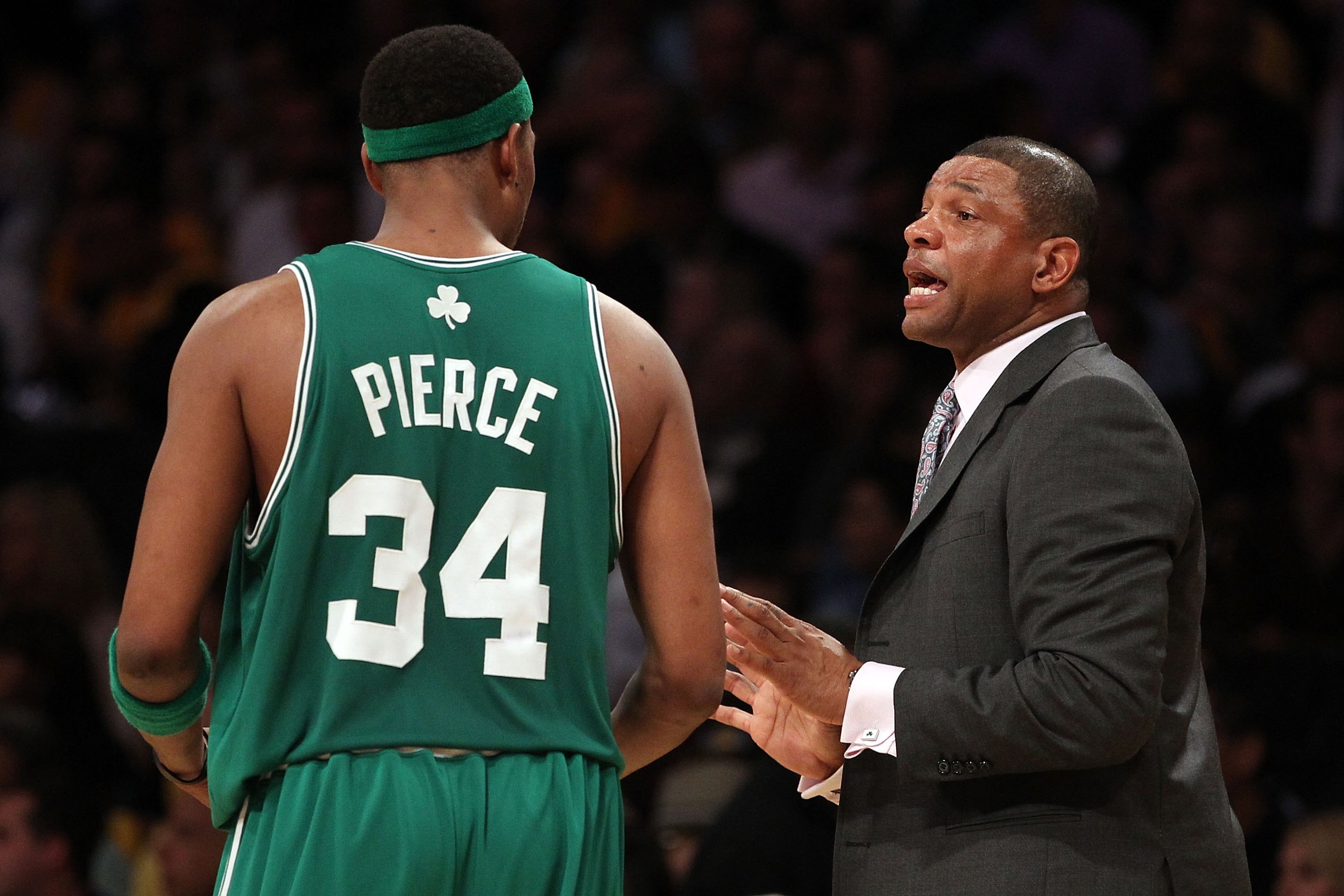 LOS ANGELES, CA - JUNE 17:  Head coach Doc Rivers of the Boston Celtics talks with Paul Pierce #34 while taking on the Los Angeles Lakers in Game Seven of the 2010 NBA Finals at Staples Center on June 17, 2010 in Los Angeles, California.  NOTE TO USER: Us