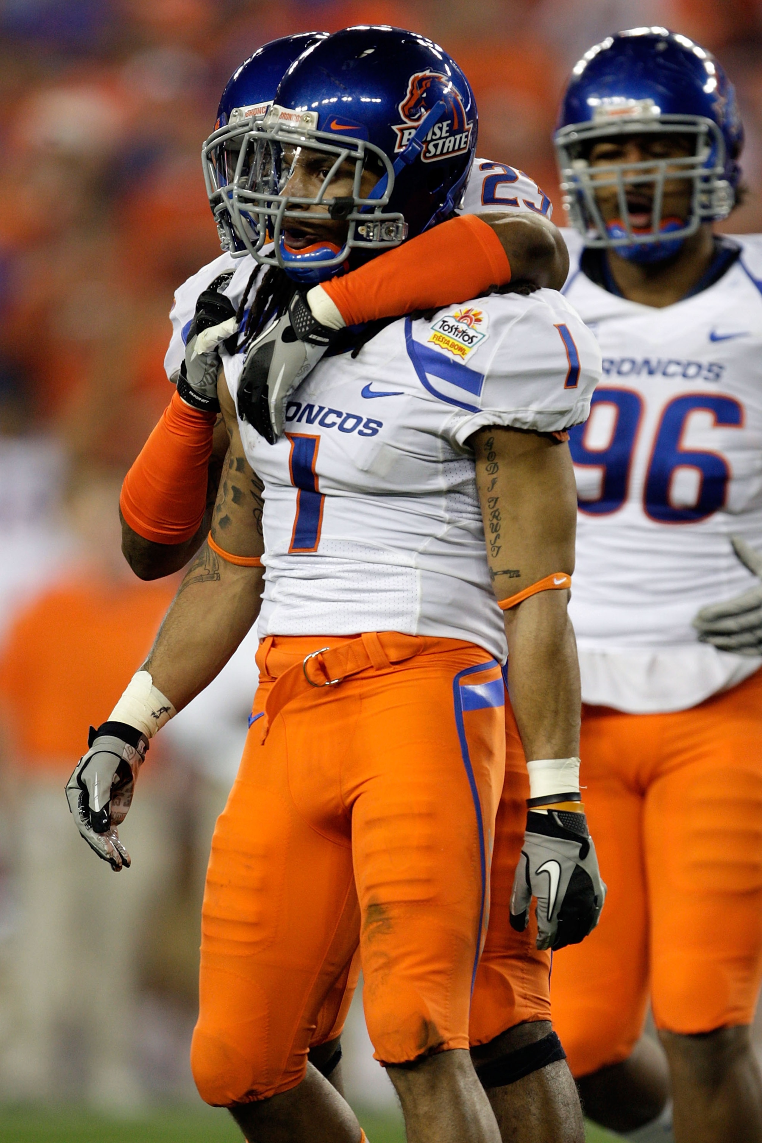 GLENDALE, AZ - JANUARY 04: Kyle Wilson #1 of the Boise State Broncos reacts after sacking quarterback Andy Dalton #14 of the TCU Horned Frogs for a 10-yard loss in the first quarter during the Tostitos Fiesta Bowl at the Universtity of Phoenix Stadium on GLENDALE, AZ - JANUARY 04: Kyle Wilson #1 of the Boise State Broncos reacts after sacking quarterback Andy Dalton #14 of the TCU Horned Frogs for a 10-yard loss in the first quarter during the Tostitos Fiesta Bowl at the Universtity of Phoenix Stadium on