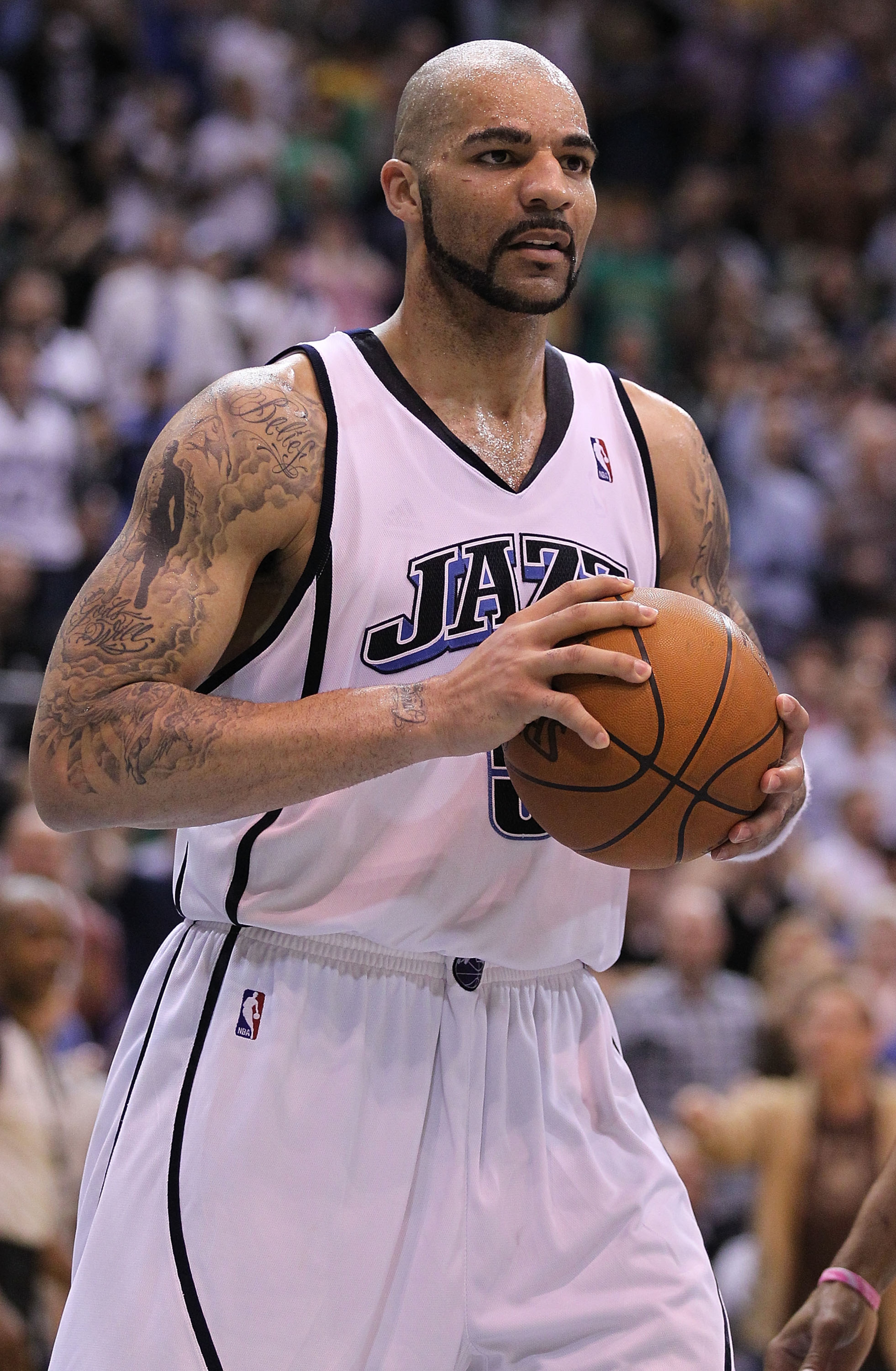 SALT LAKE CITY - MAY 10:  Carlos Boozer #5 of the Utah Jazz reacts to a call against the Los Angeles Lakers during Game Four of the Western Conference Semifinals of the 2010 NBA Playoffs on May 10, 2010 at Energy Solutions Arena in Salt Lake City, Utah. N
