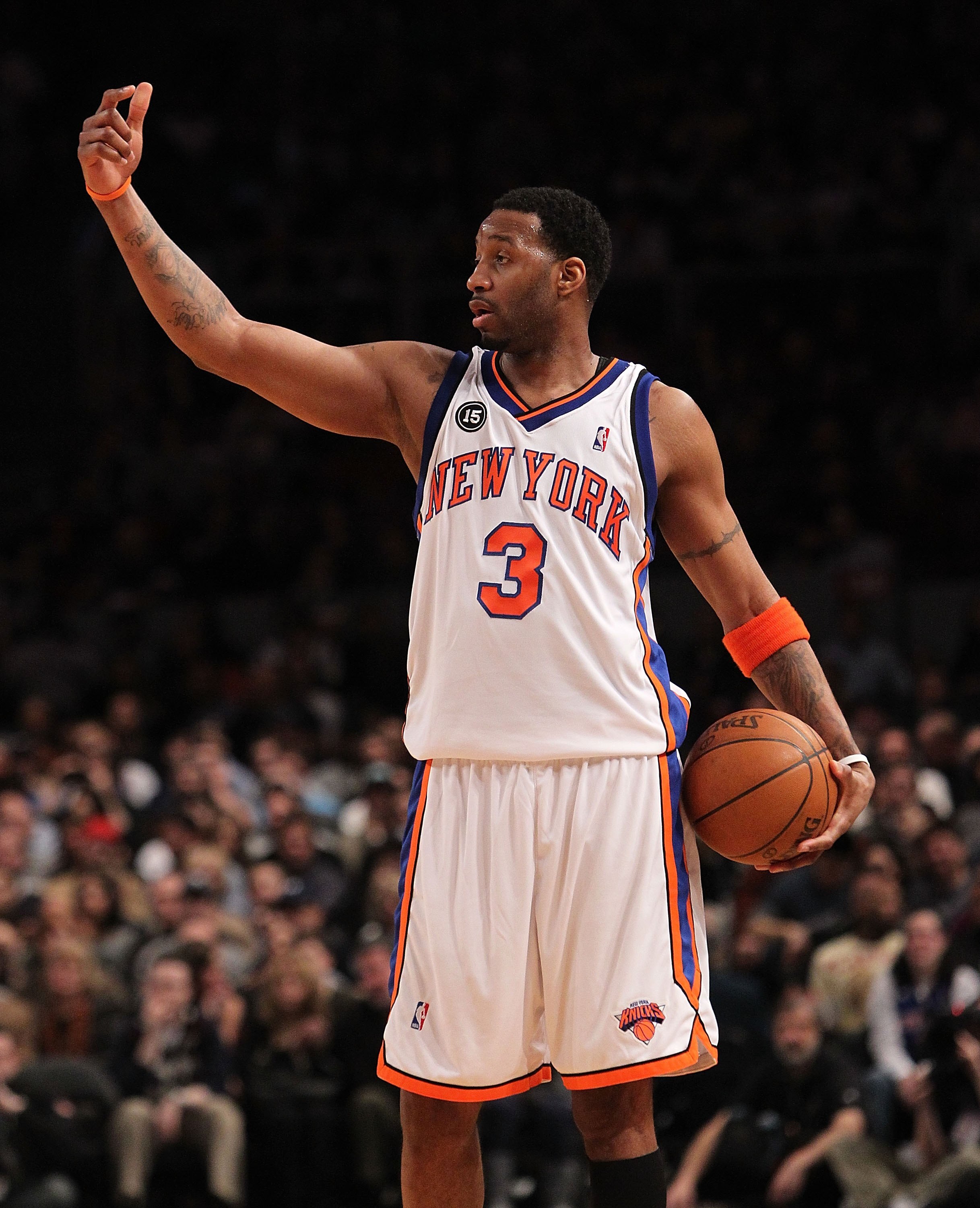 NEW YORK - FEBRUARY 20:  Tracy McGrady #3 of the New York Knicks gestures against the Oklahoma City Thunder at Madison Square Garden on February 20, 2010 in New York, New York. NOTE TO USER: User expressly acknowledges and agrees that, by downloading and