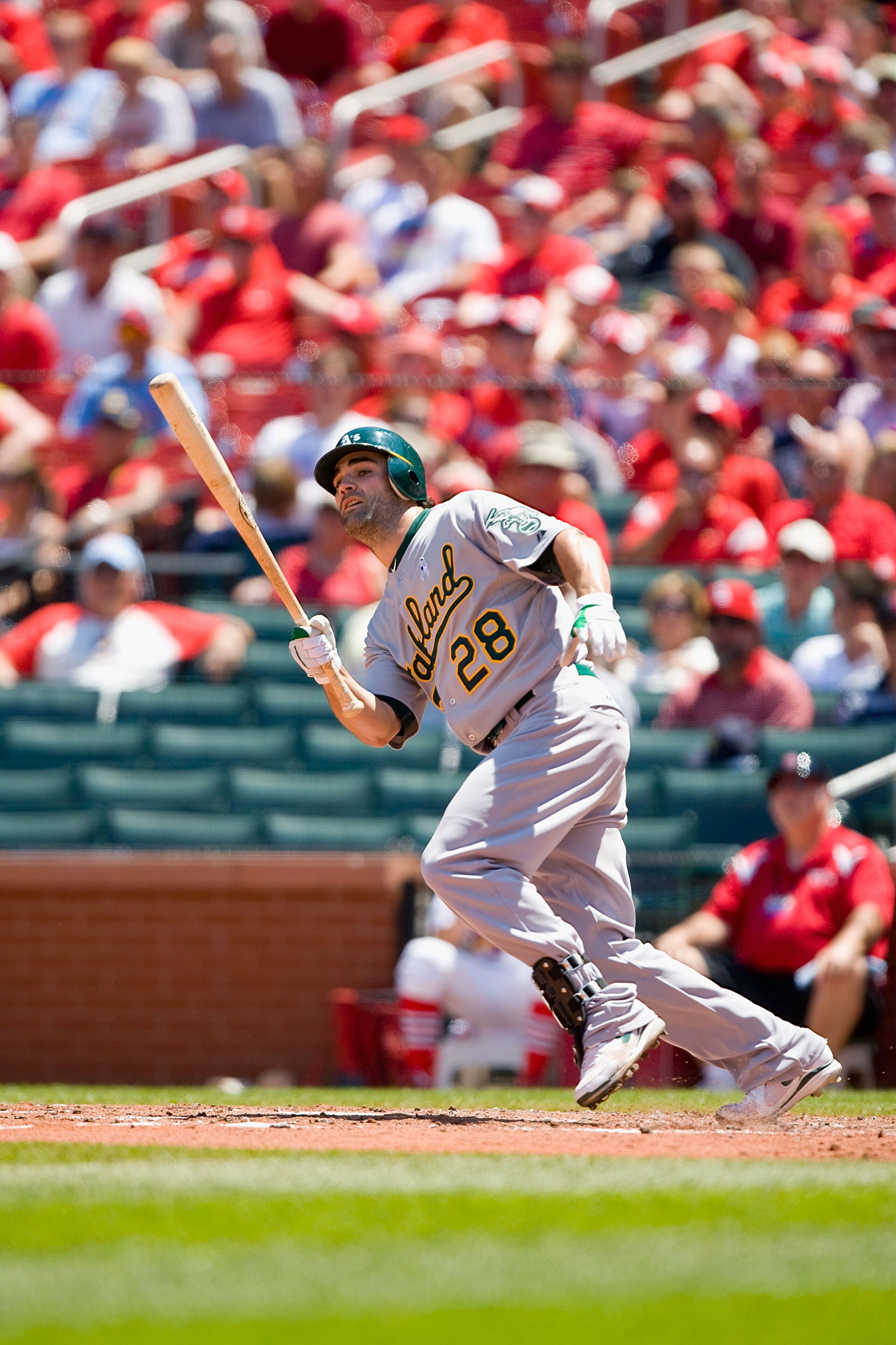 ST. LOUIS - JUNE 20: Conor Jackson #28 of the Oakland Athletics bats against the St. Louis Cardinals at Busch Stadium on June 20, 2010 in St. Louis, Missouri. (Photo by Dilip Vishwanat/Getty Images) ST. LOUIS - JUNE 20: Conor Jackson #28 of the Oakland Athletics bats against the St. Louis Cardinals at Busch Stadium on June 20, 2010 in St. Louis, Missouri. (Photo by Dilip Vishwanat/Getty Images)
