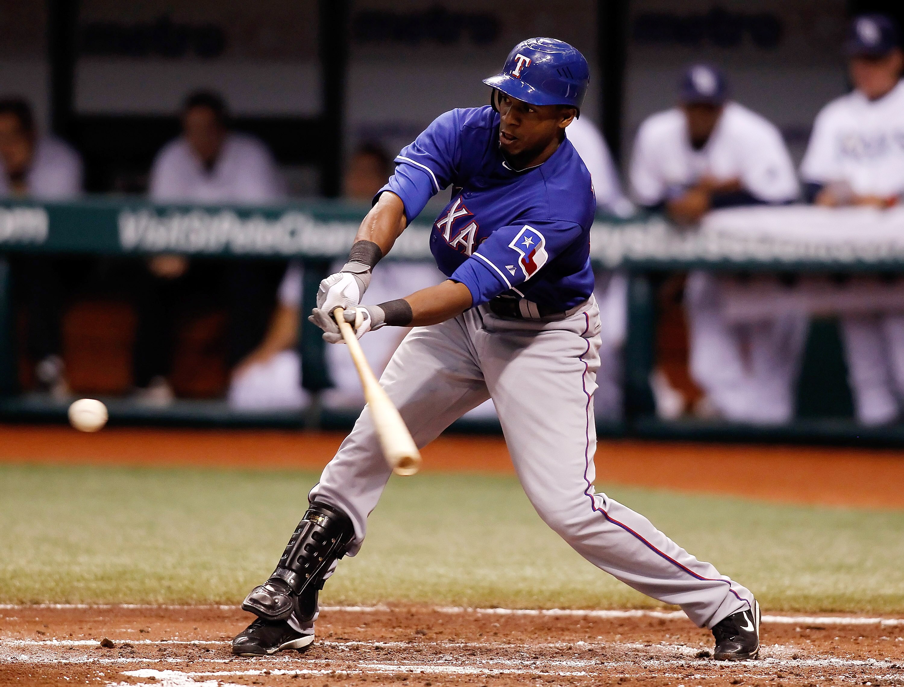 ST. PETERSBURG - AUGUST 17:  Outfielder Julio Borbon #29 of the Texas Rangers fouls off a pitch against the Tampa Bay Rays during the game at Tropicana Field on August 17, 2010 in St. Petersburg, Florida.  (Photo by J. Meric/Getty Images)