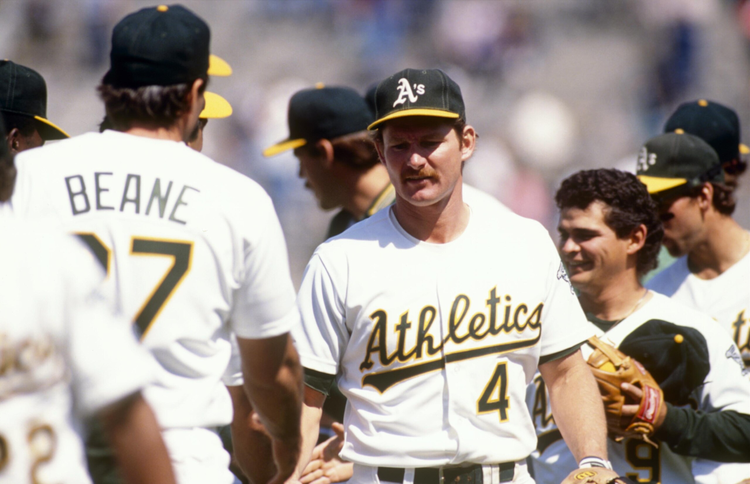 CIRCA 1989: Carney Lansford #4 of the Oakland Athletics shakes hands with his teammates after a game circa 1989. (Photo by Otto Greule Jr./Getty Images) CIRCA 1989: Carney Lansford #4 of the Oakland Athletics shakes hands with his teammates after a game circa 1989. (Photo by Otto Greule Jr./Getty Images)