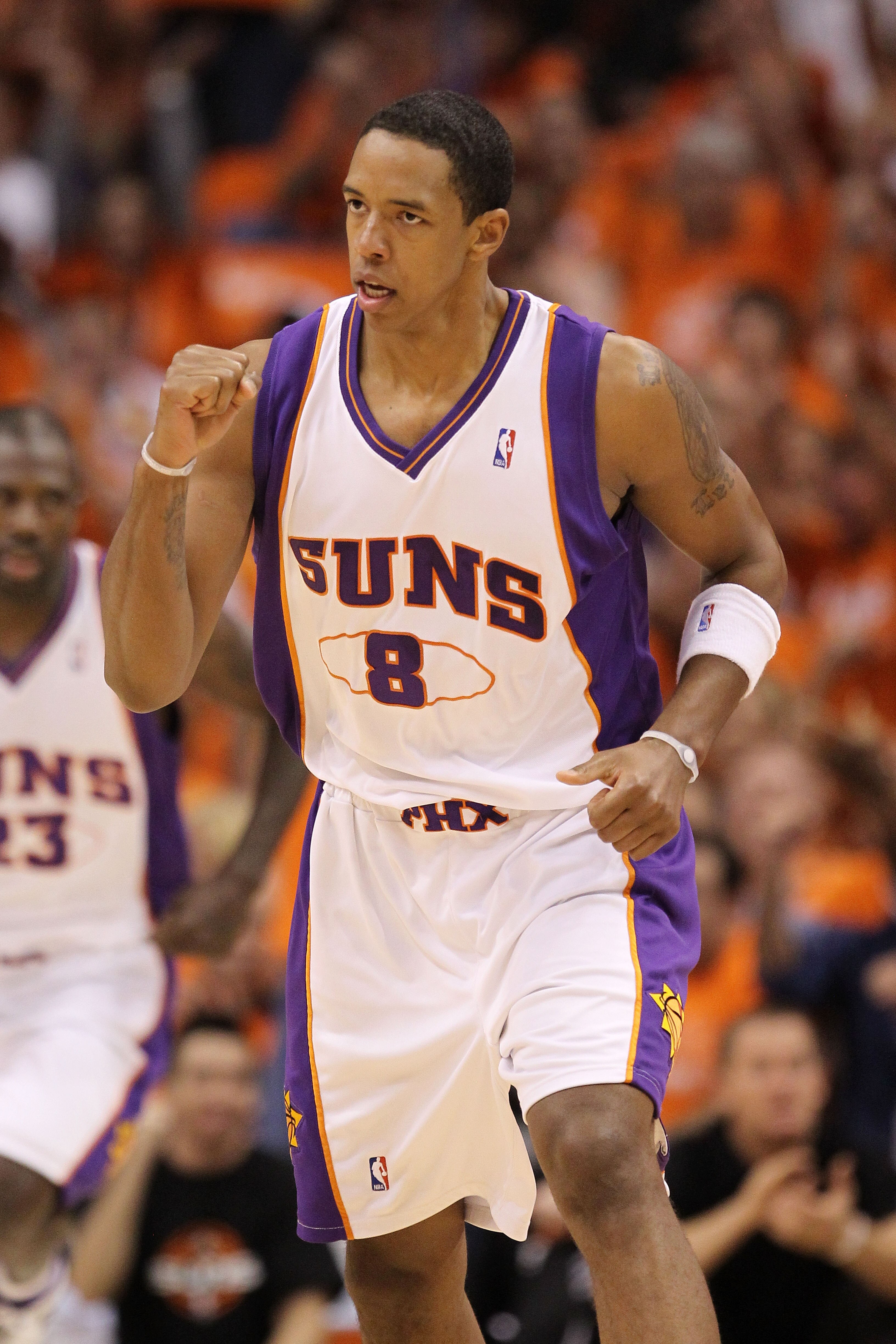 PHOENIX - MAY 29:  Channing Frye #8 of the Phoenix Suns reacts after a three-point basket against the Los Angeles Lakers in the first quarter of Game Six of the Western Conference Finals during the 2010 NBA Playoffs at US Airways Center on May 29, 2010 in